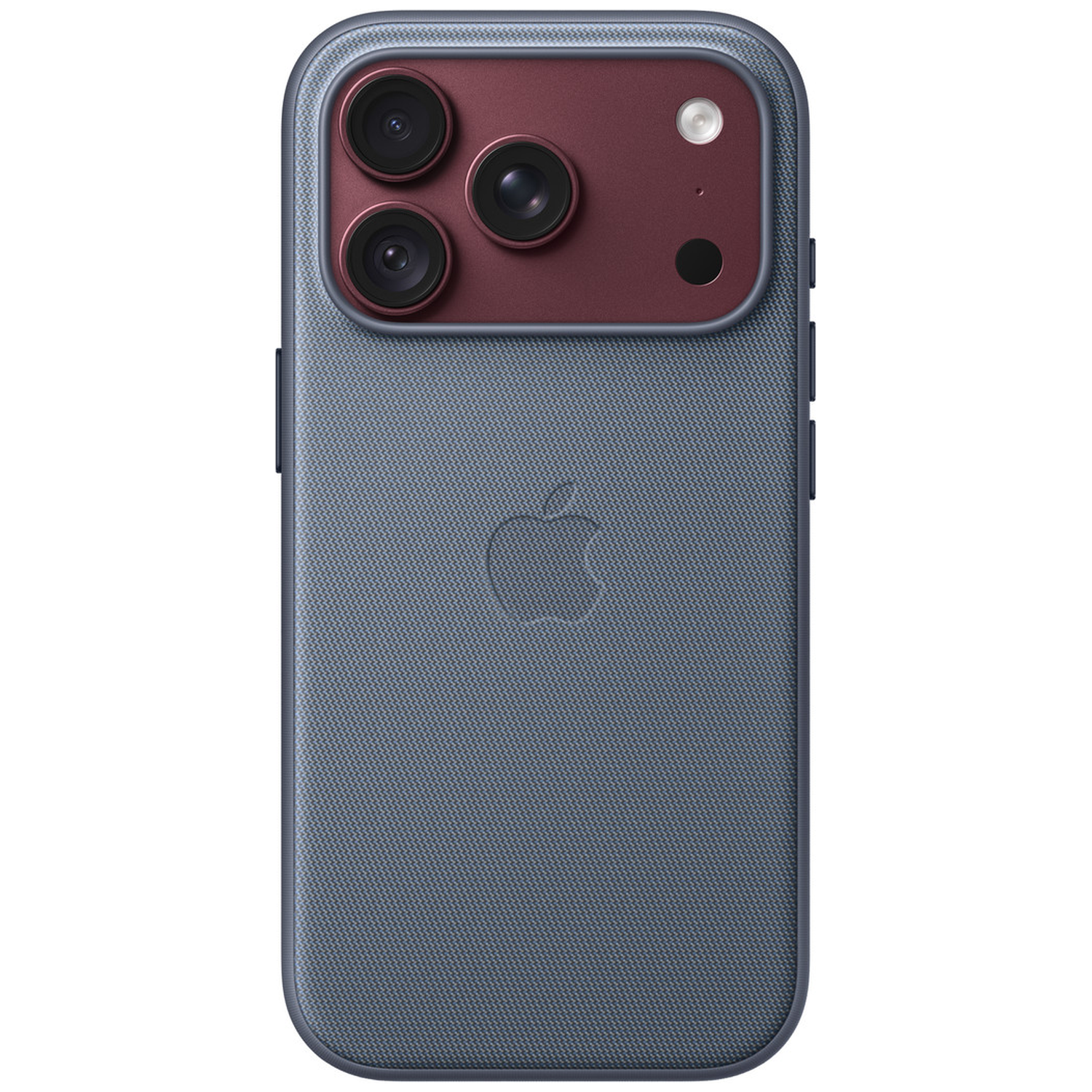 Dos de smartphone bleu en tissu texturé, avec logo Apple et module photo rouge en haut.