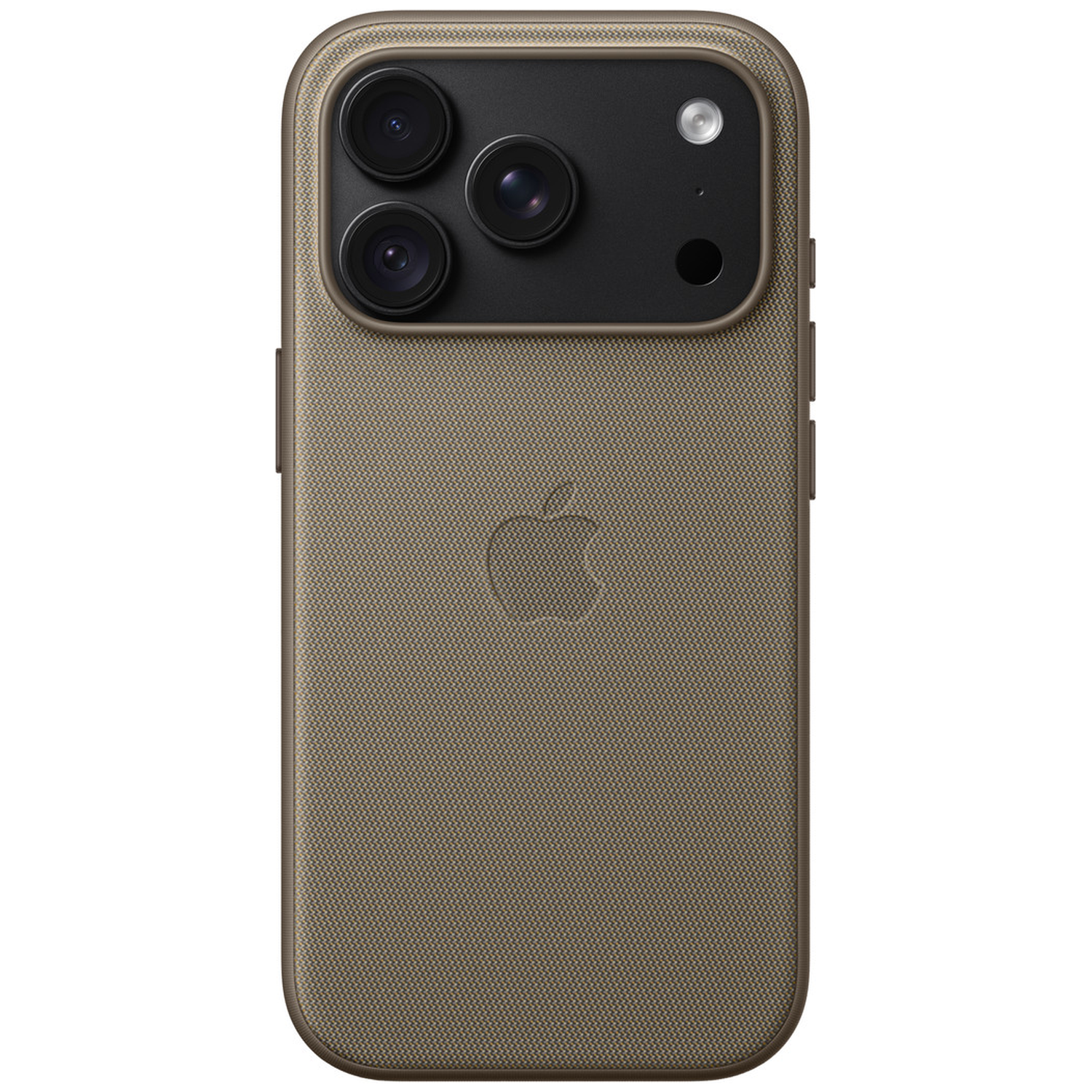Dos d'un smartphone dans une coque en tissu marron avec un logo Apple et trois objectifs de caméra.