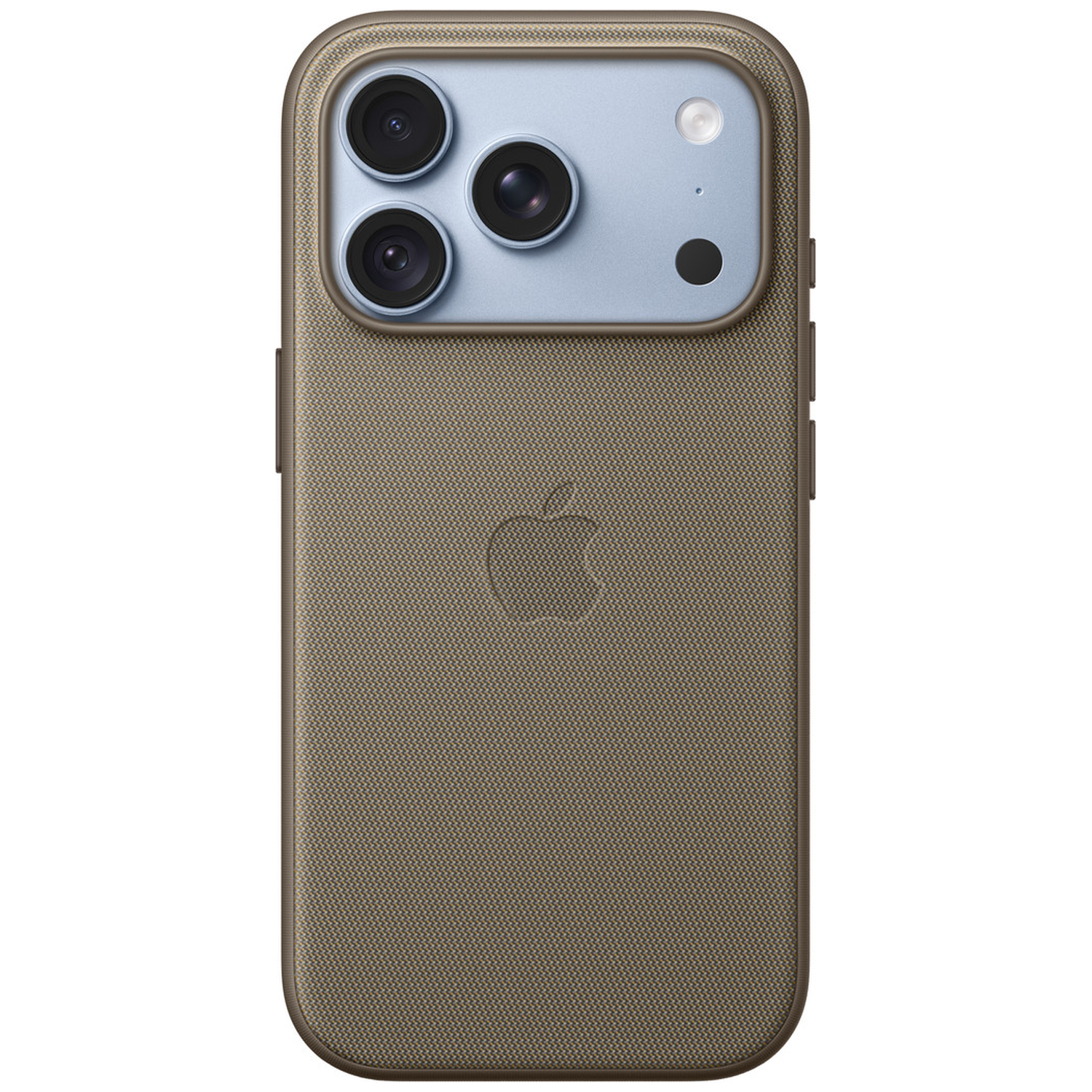 Dos d'un smartphone dans une coque marron texturée avec un module photo rectangulaire en haut.