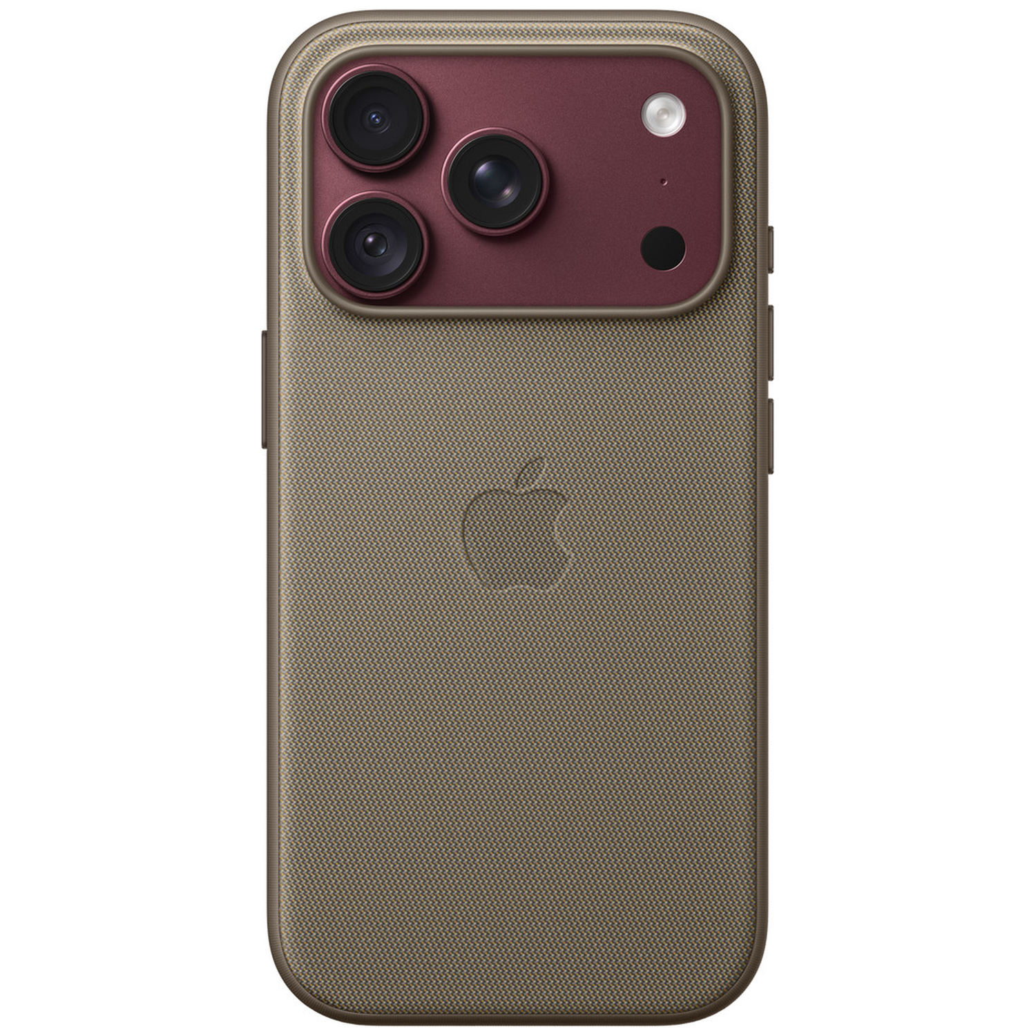 Dos d'un smartphone camouflage avec module photo bordeaux comprenant trois objectifs, un flash et le logo Apple.