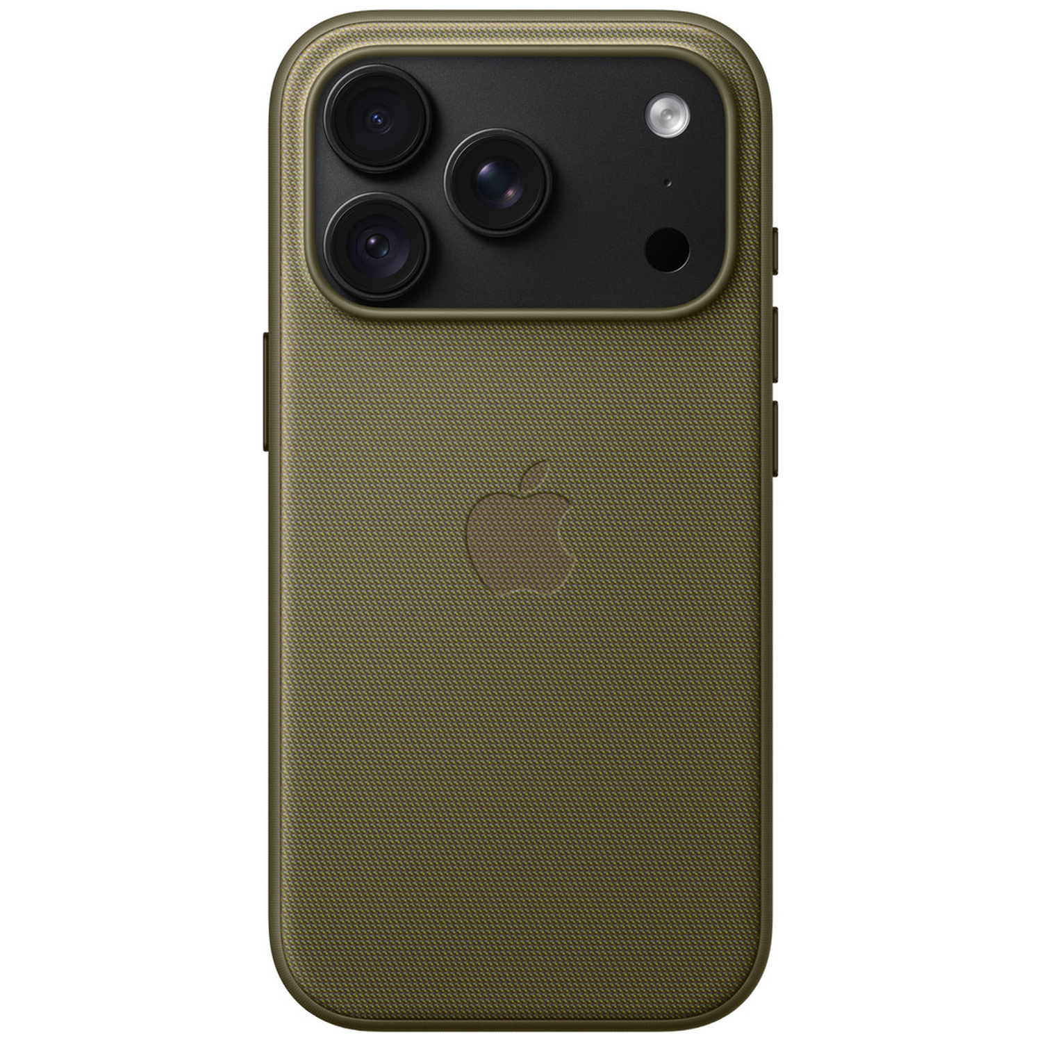 Dos d'un iPhone vert doté d'une coque texturée, du logo Apple et de trois objectifs d'appareil photo.