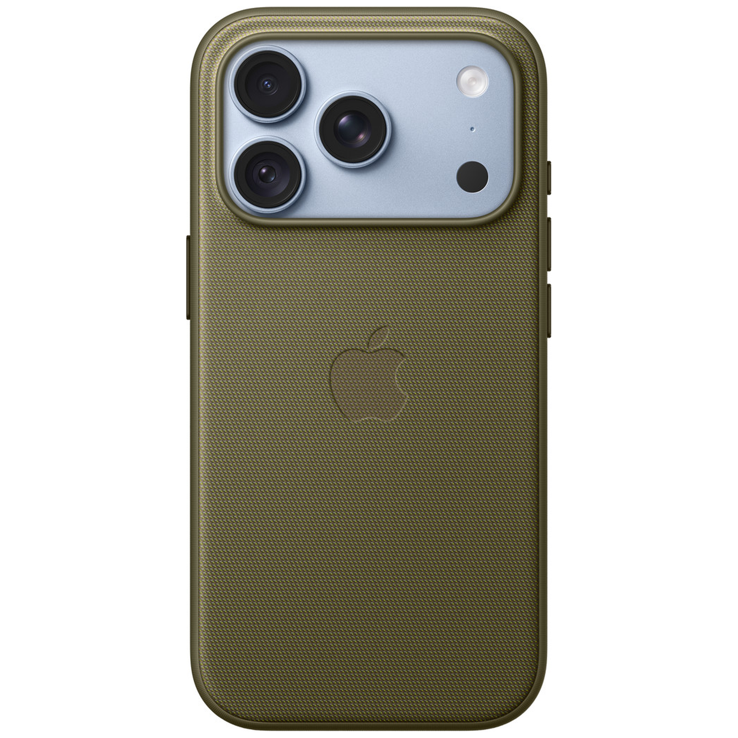 Dos d'un smartphone dans une coque vert olive avec trois caméras et un logo Apple.