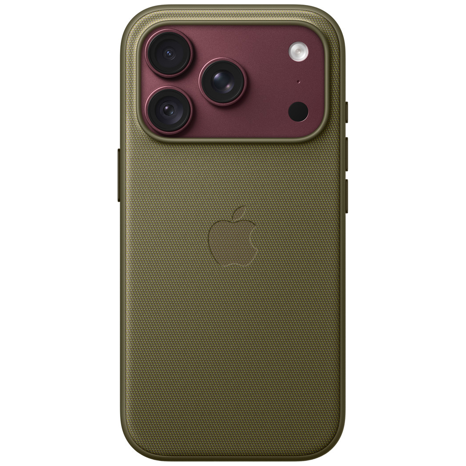 Dos d'un smartphone vert olive avec un module caméra rouge et le logo Apple.