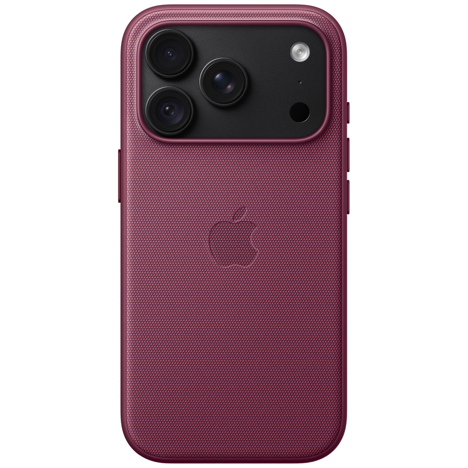 Dos d'un iPhone rose dans une coque tissée avec triple appareil photo.
