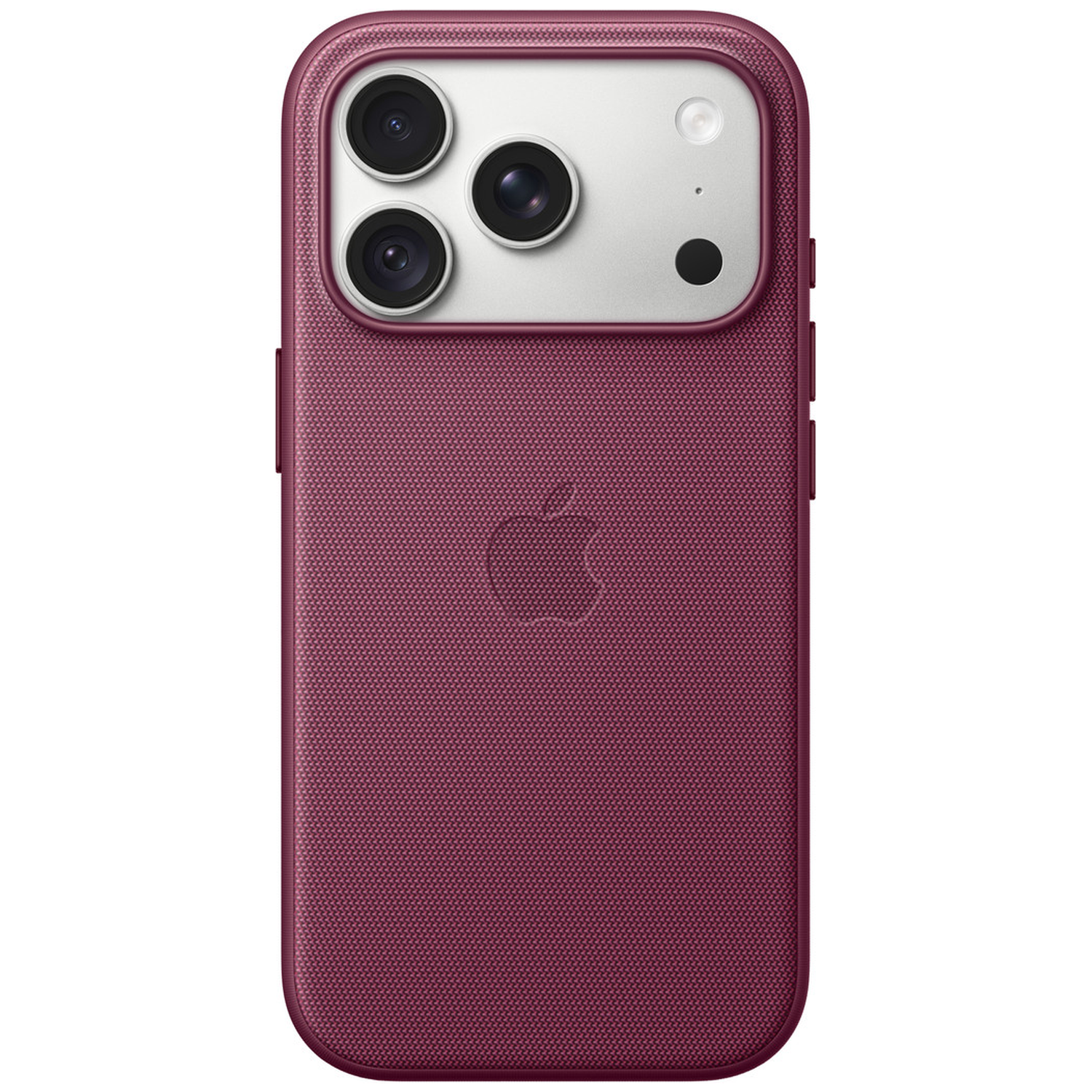Un smartphone dans une coque en tissu rouge foncé avec triple appareil photo.