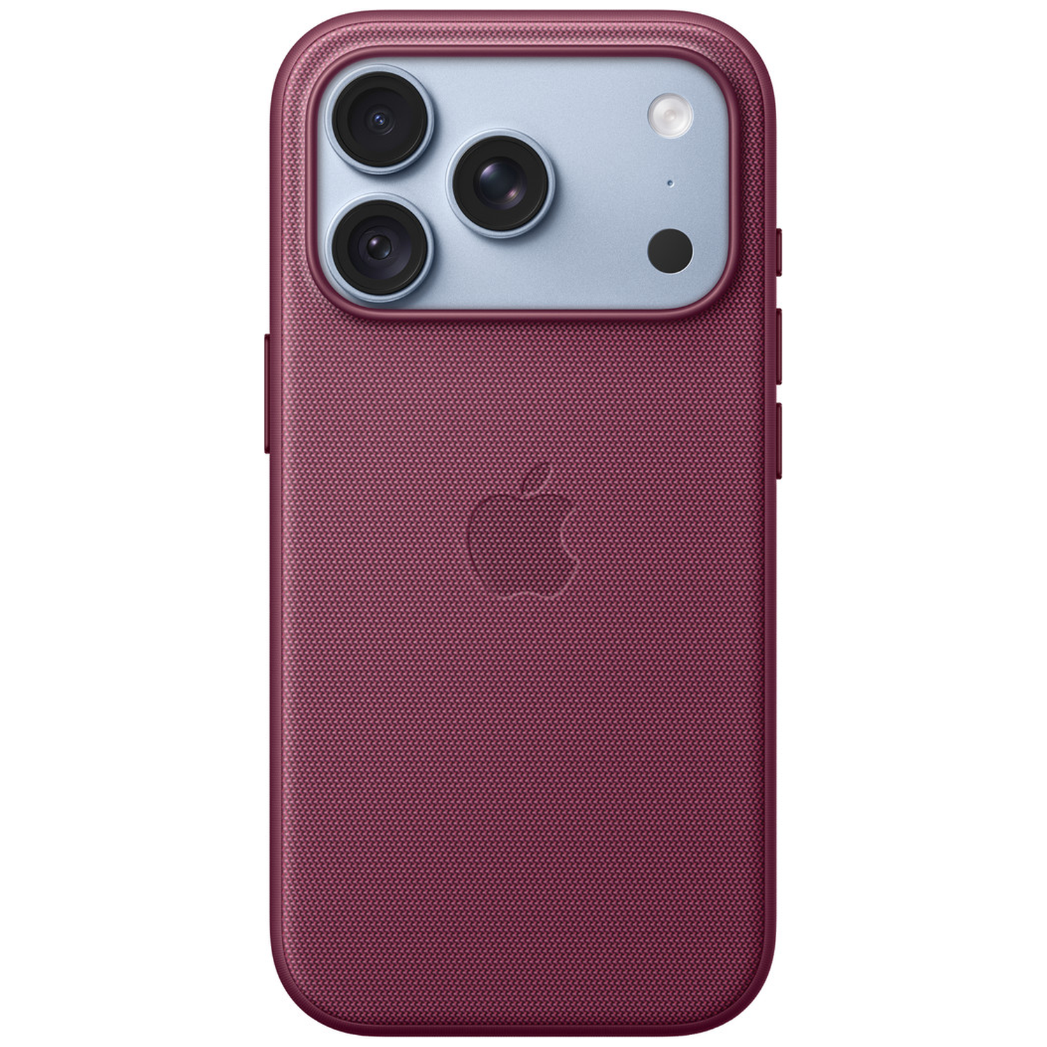 Dos d'un smartphone rouge avec une coque tissée, trois caméras et un logo Apple.