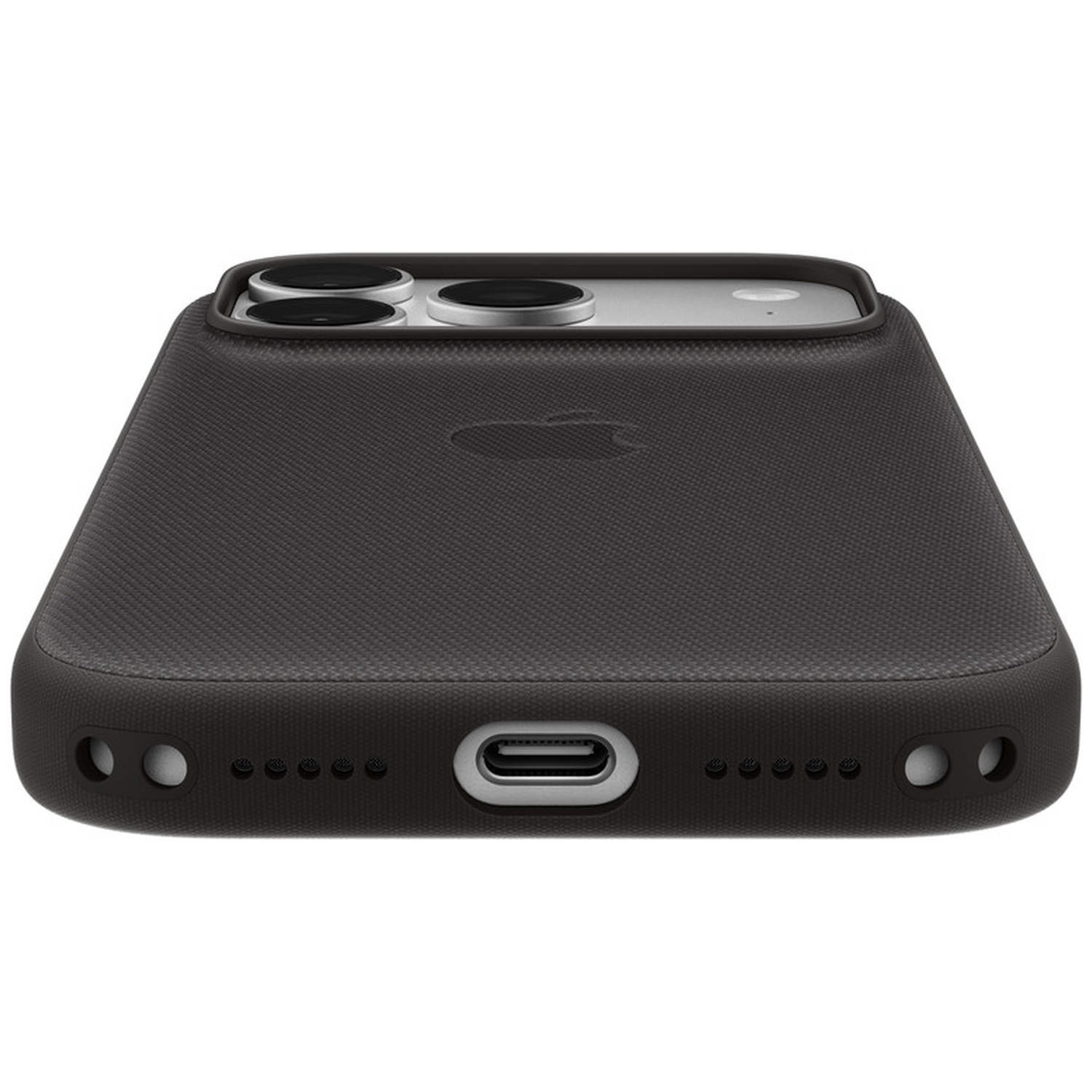 Vue arrière d'un iPhone gris dans une coque, montrant le port USB-C et les haut-parleurs en bas et la caméra en haut.