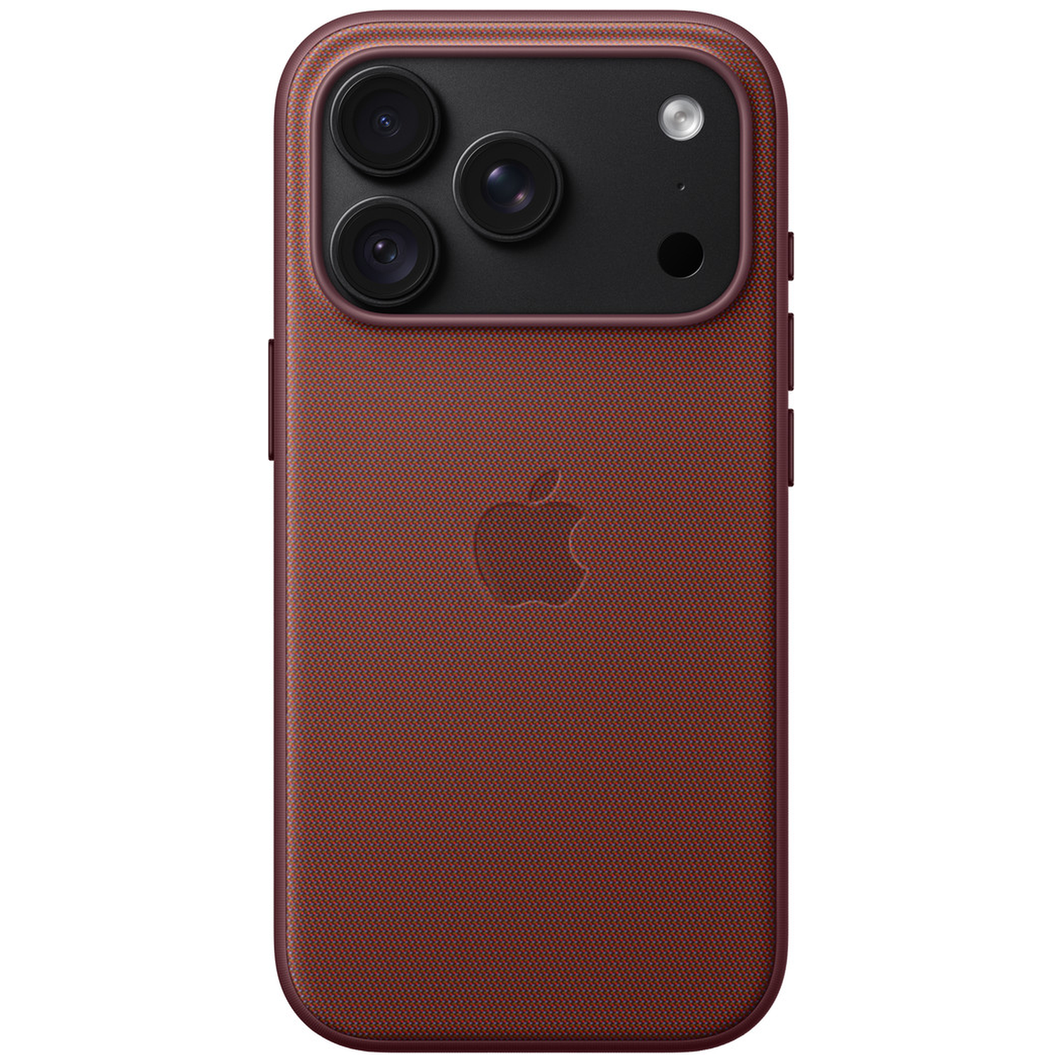 Dos d'un smartphone rouge avec un motif tissé, le logo Apple et trois caméras.