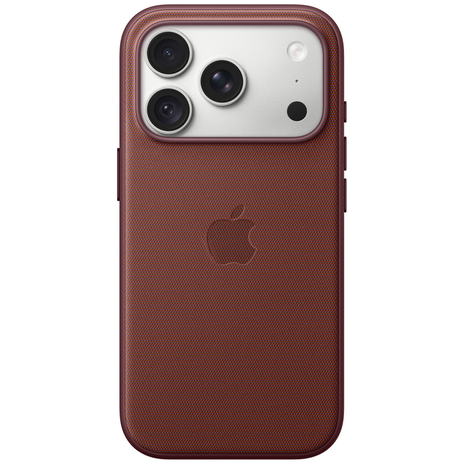 Dos d'un smartphone rouge-brun avec une texture tissée et trois caméras dans un module argenté.
