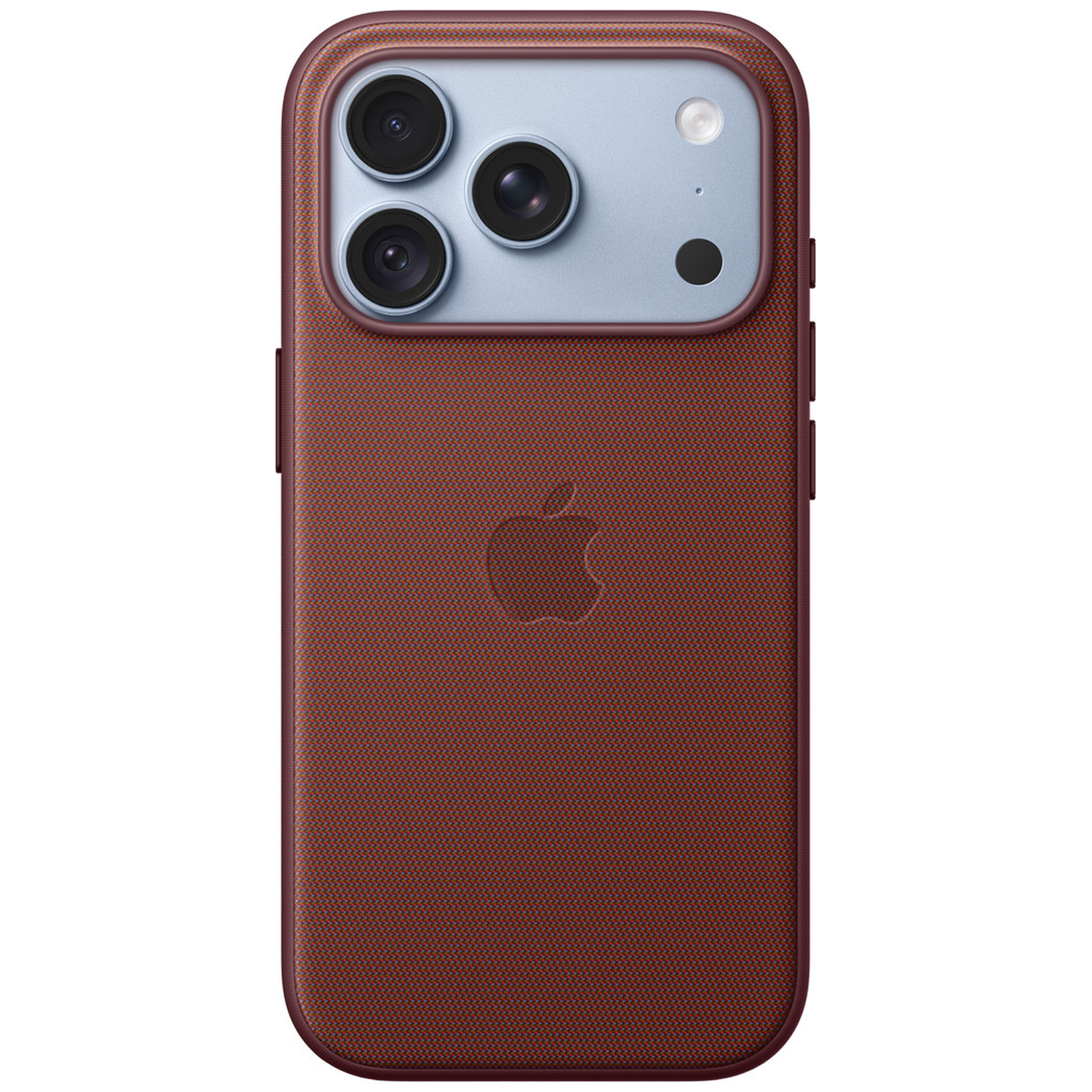 Dos d'un smartphone dans une coque marron texturée avec un module photo rectangulaire en haut.