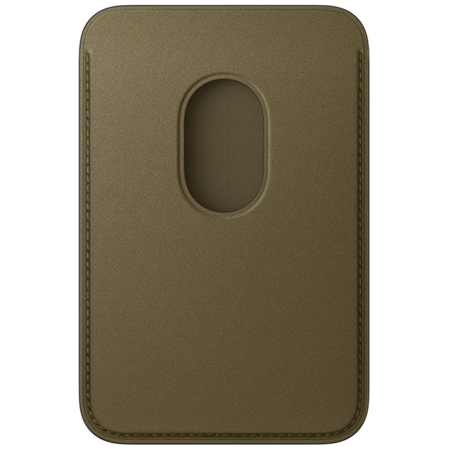 Un portefeuille MagSafe en cuir vert olive rectangulaire aux coins arrondis avec une découpe ovale au centre.