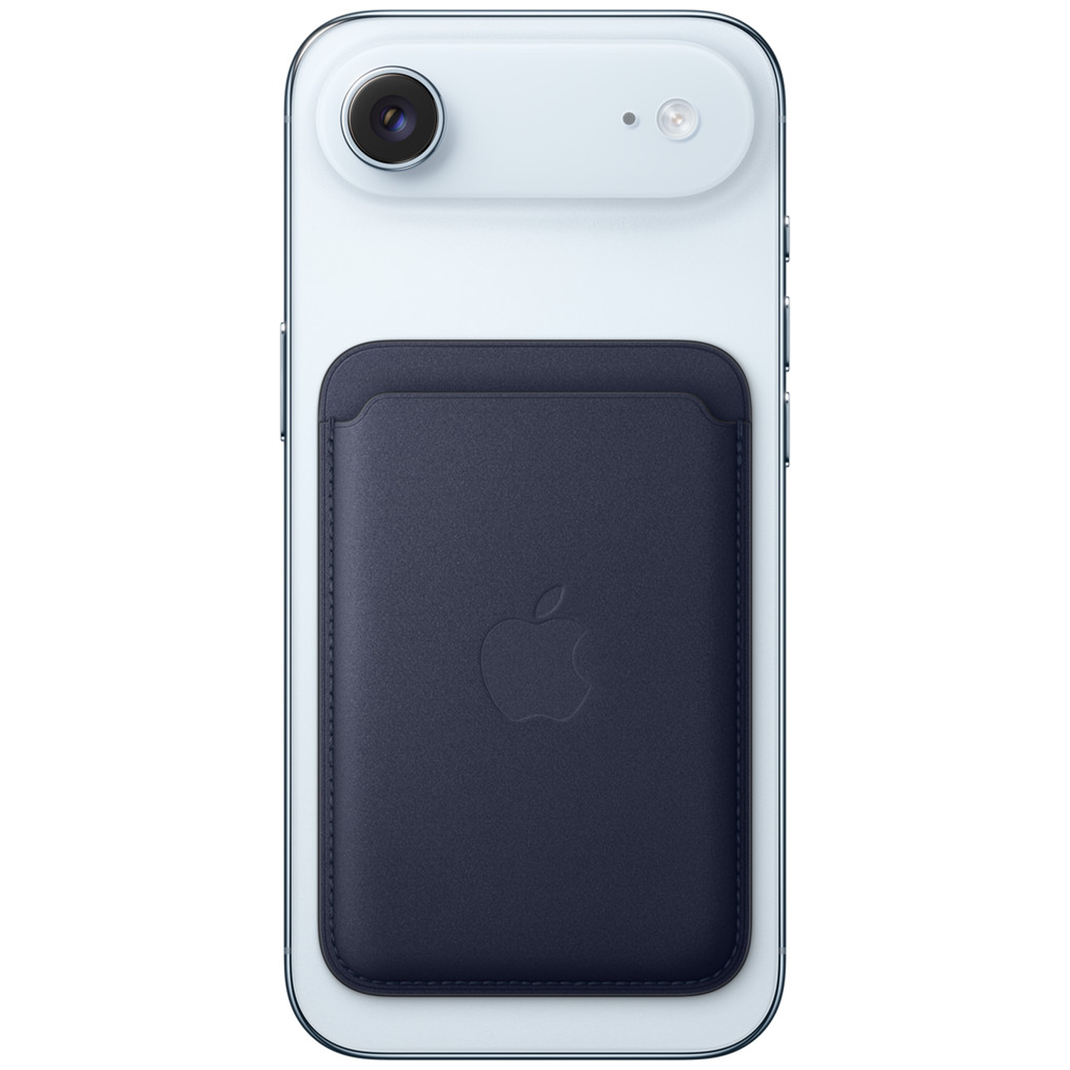 Dos de smartphone blanc avec un module photo et un porte-cartes magnétique en cuir bleu foncé.