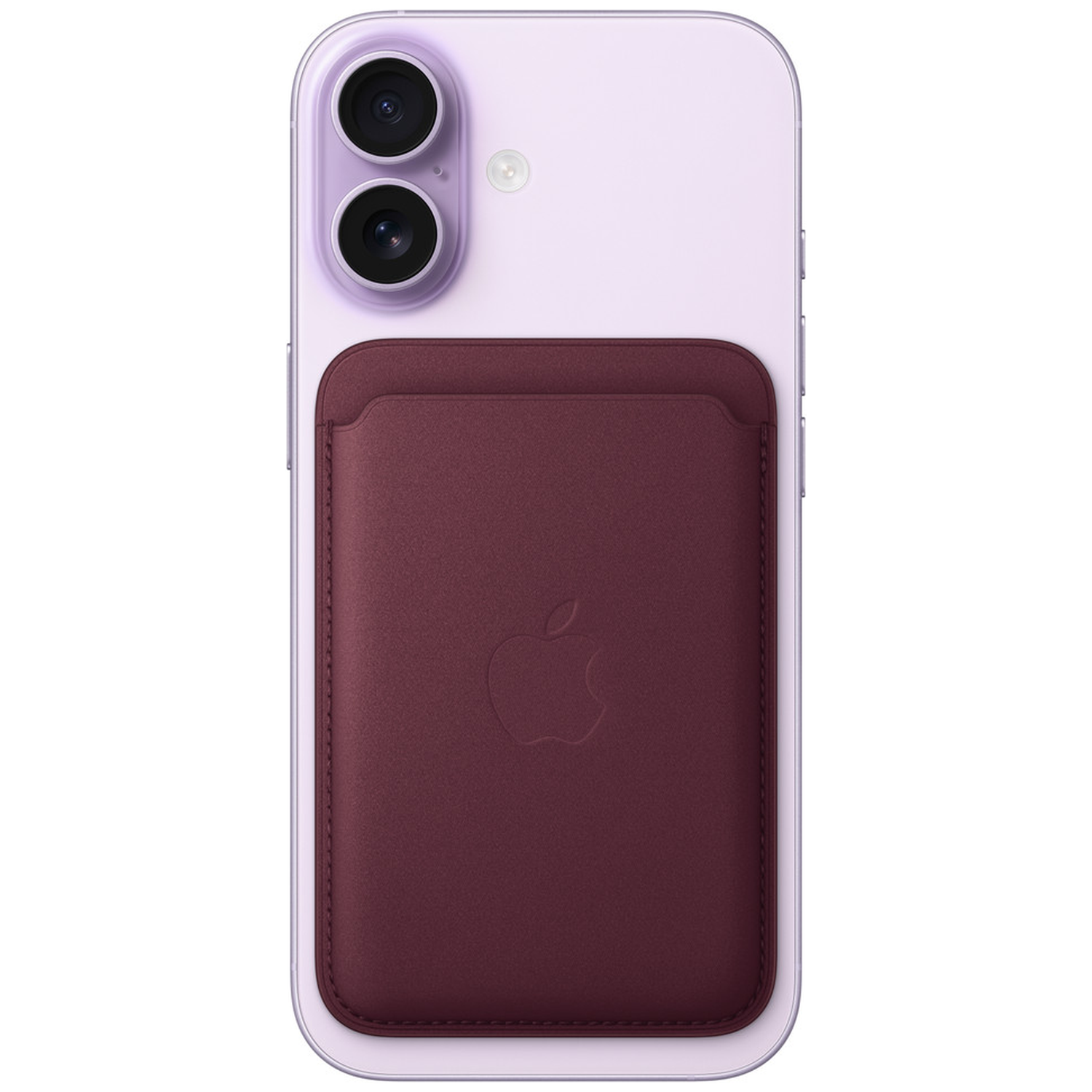 Dos d'un smartphone violet clair avec deux appareils photo et un portefeuille MagSafe en cuir rouge foncé.