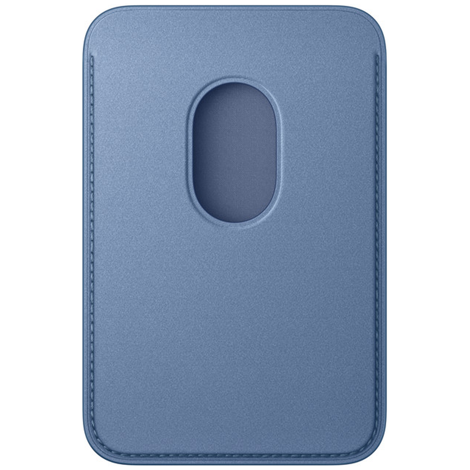Un porte-cartes en cuir bleu avec une ouverture ovale au centre et des coutures visibles.