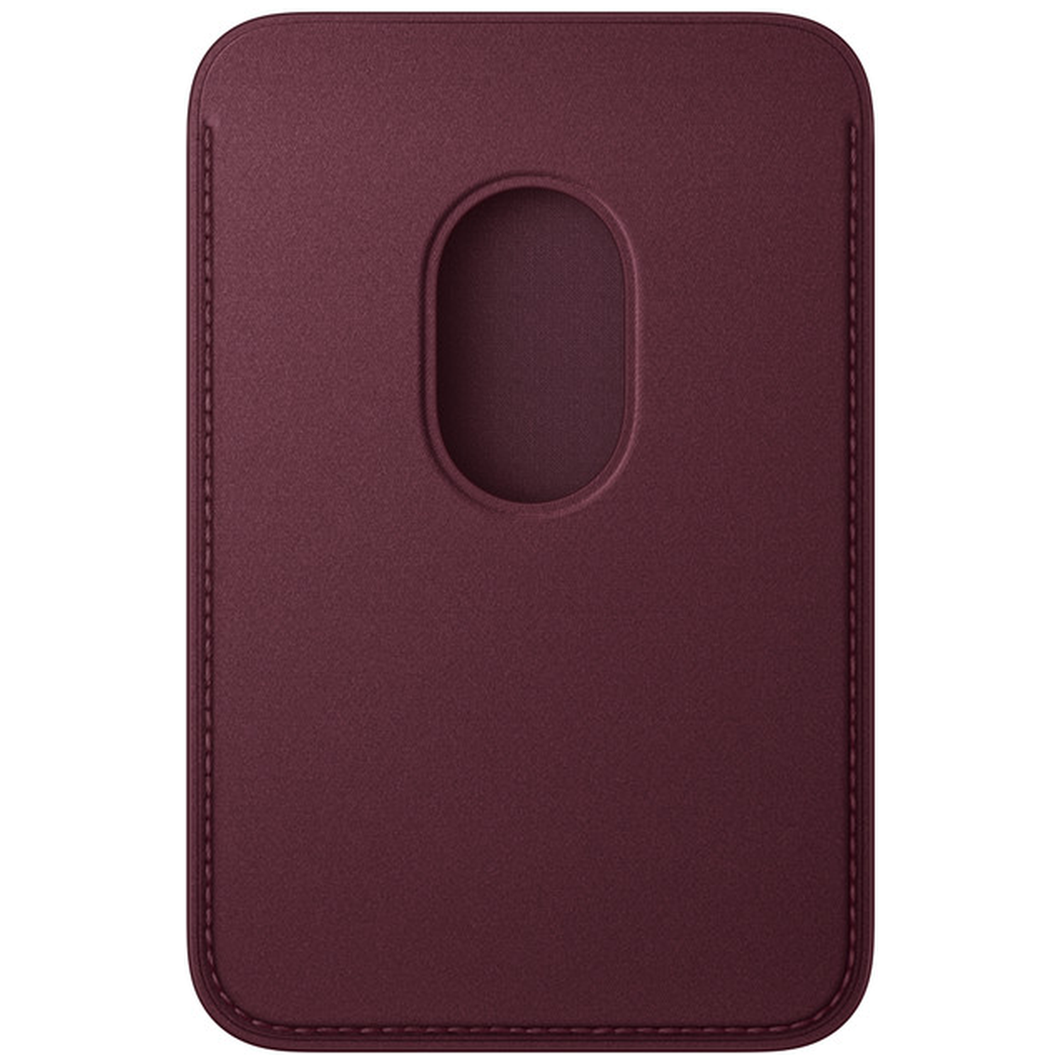 Un porte-cartes en cuir rouge foncé avec une découpe ovale et des bordures cousues.
