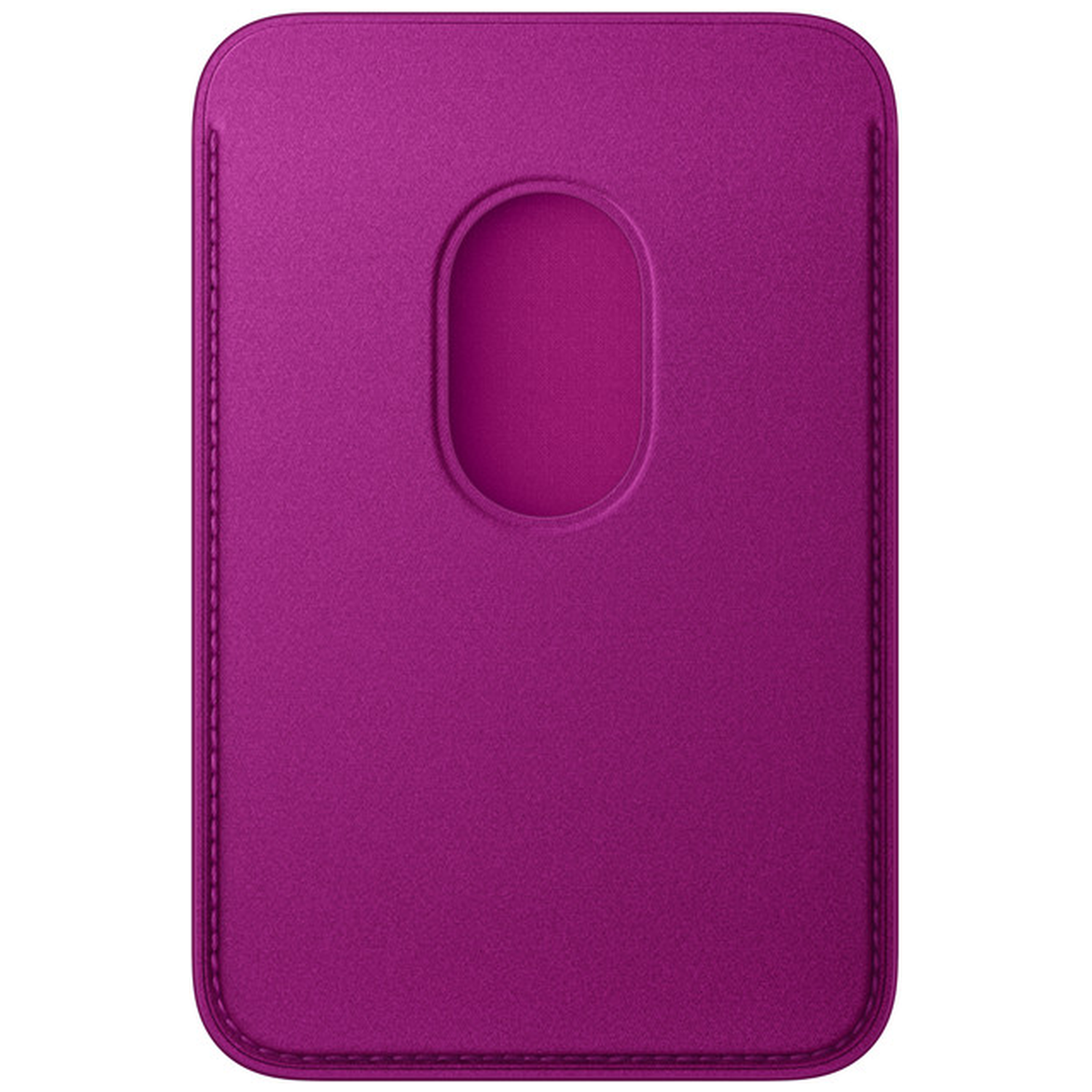Un porte-cartes MagSafe en cuir magenta avec une découpe ovale sur le devant.