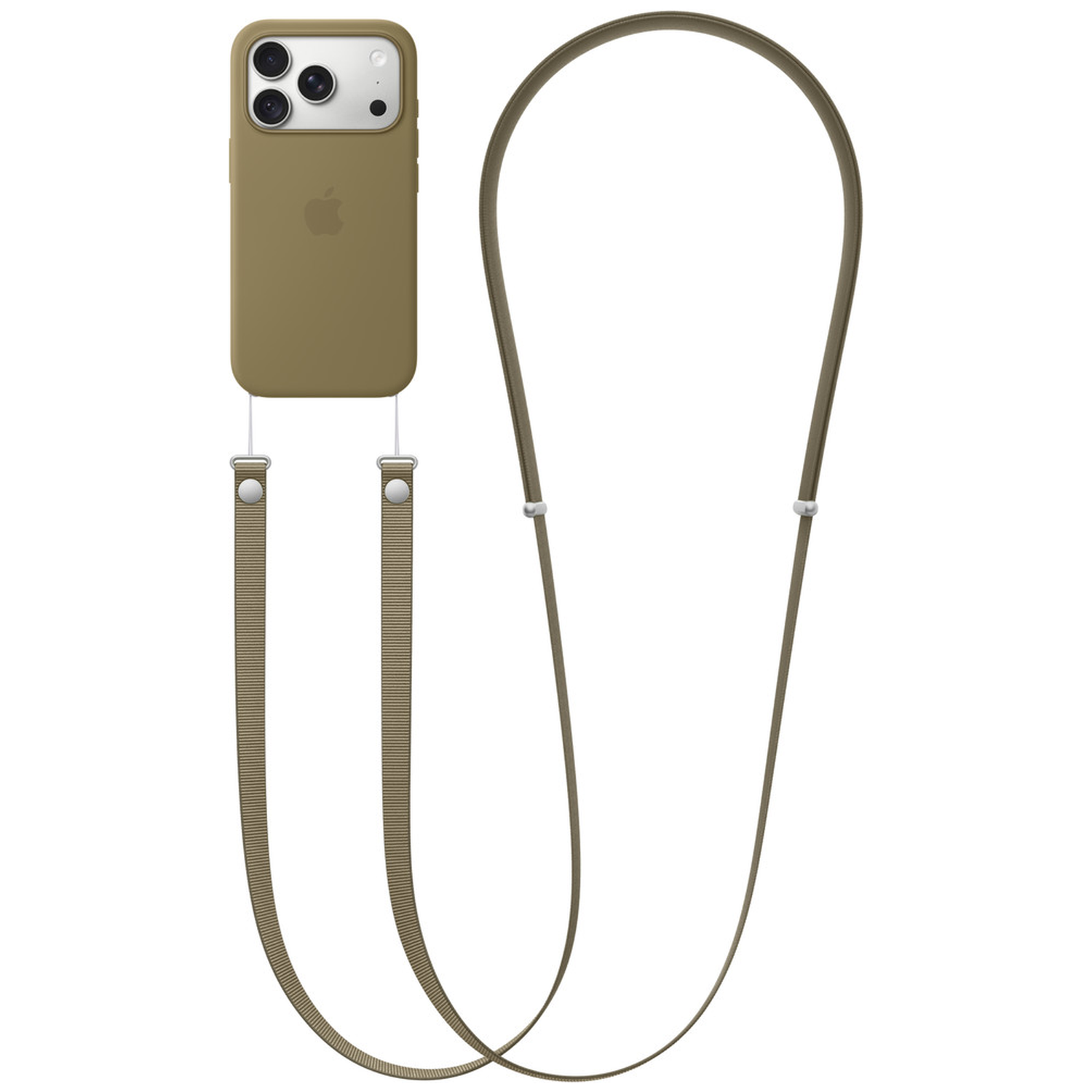Een bruine iPhone in hoesje met een lange, bijpassende band.