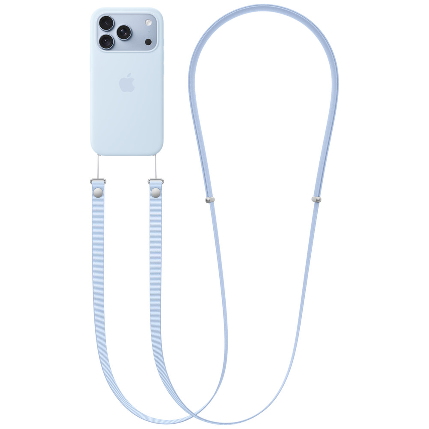 Lichtblauwe iPhone-hoes met bijpassende lange band en zilveren metalen details.