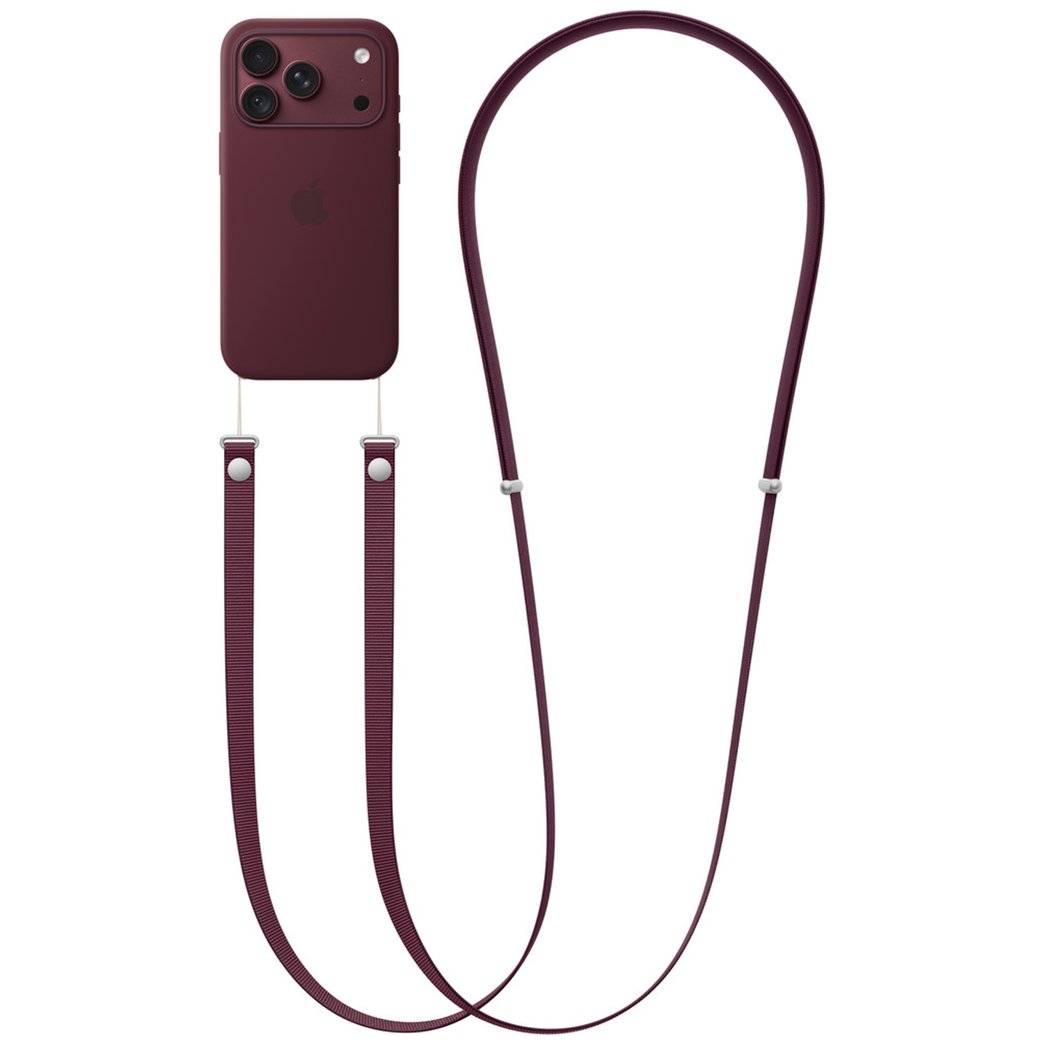 Donkerrode smartphone in een hoesje met bijpassend nekkoord op een witte achtergrond.