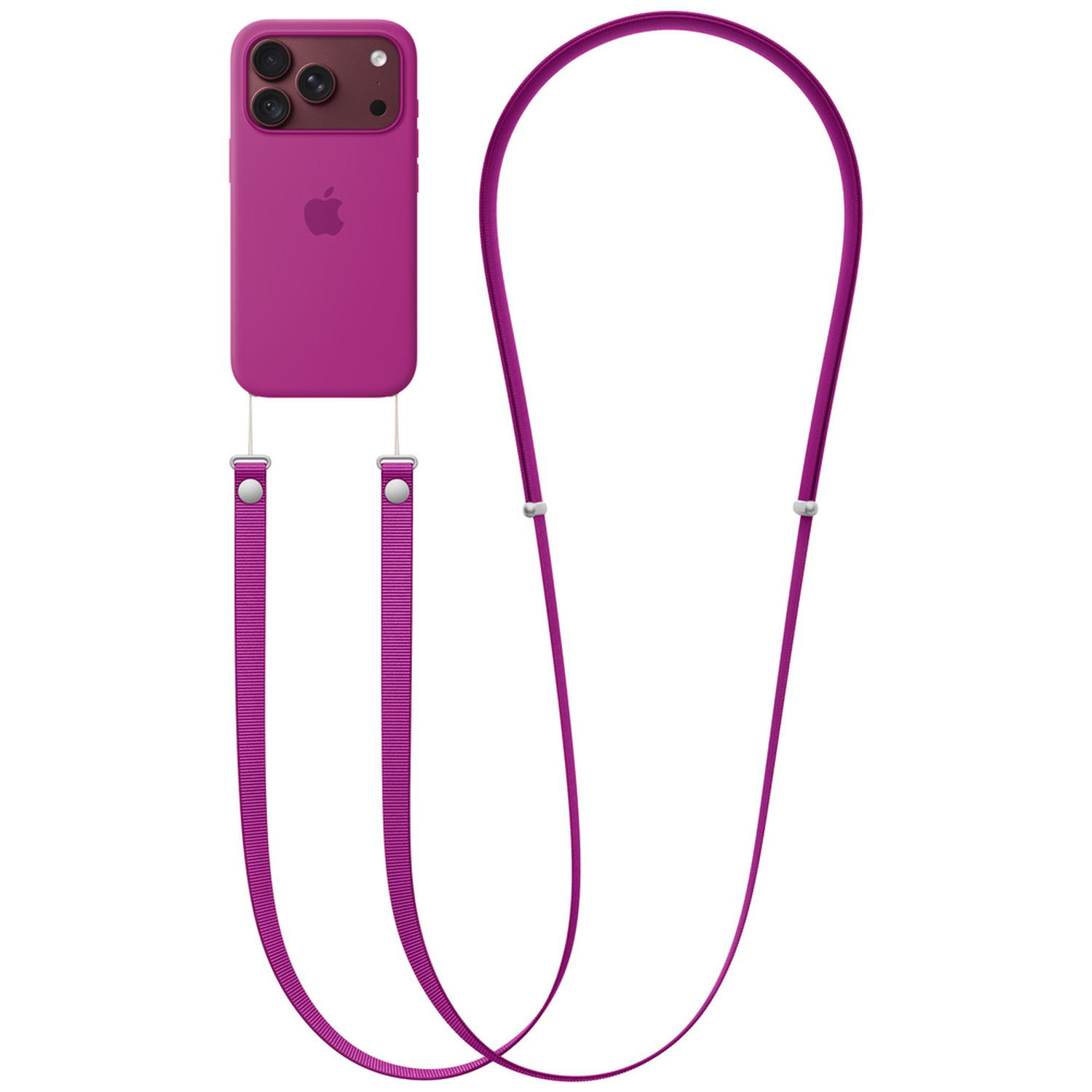 Magenta iPhone-hoesje met bijpassend nekkoord op witte achtergrond.