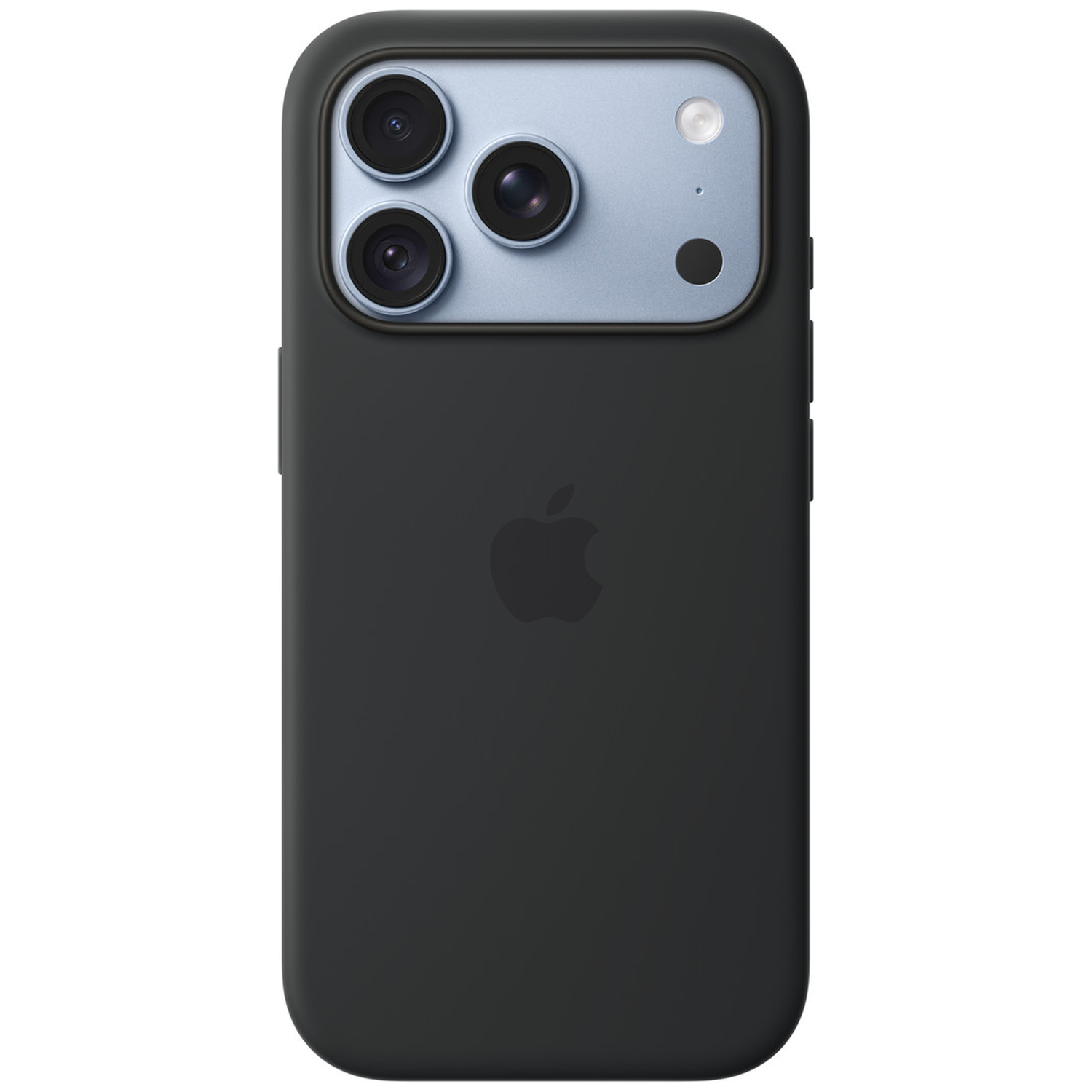 Dos d'un iPhone noir avec coque de protection, logo Apple et triple appareil photo dans un module bleu clair.