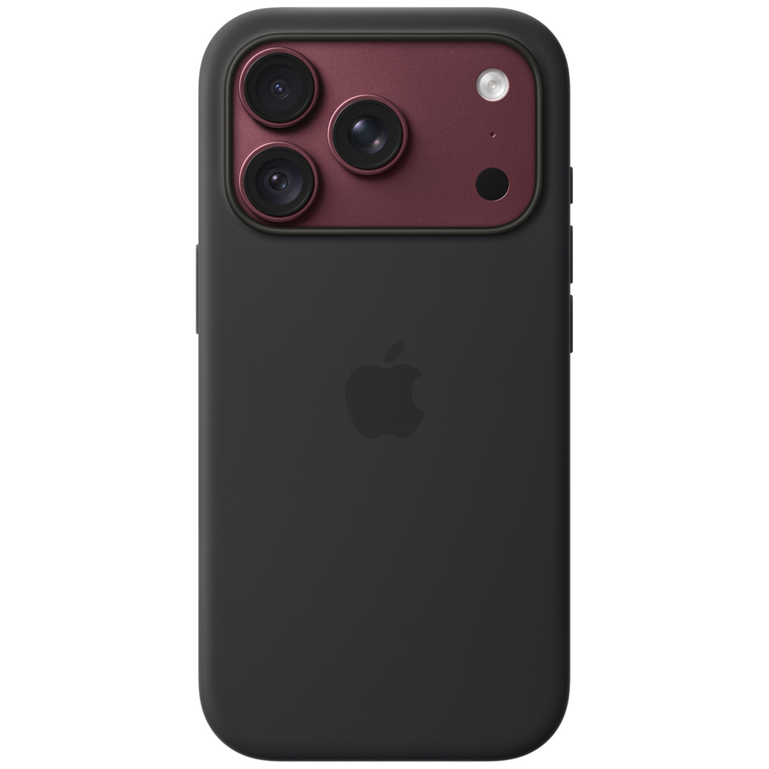 Dos d'un smartphone noir avec un module de caméra rouge et le logo Apple.
