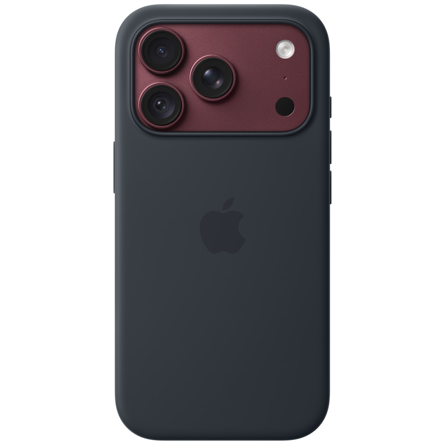 Smartphone gris foncé avec un module caméra rouge en haut et le logo Apple.