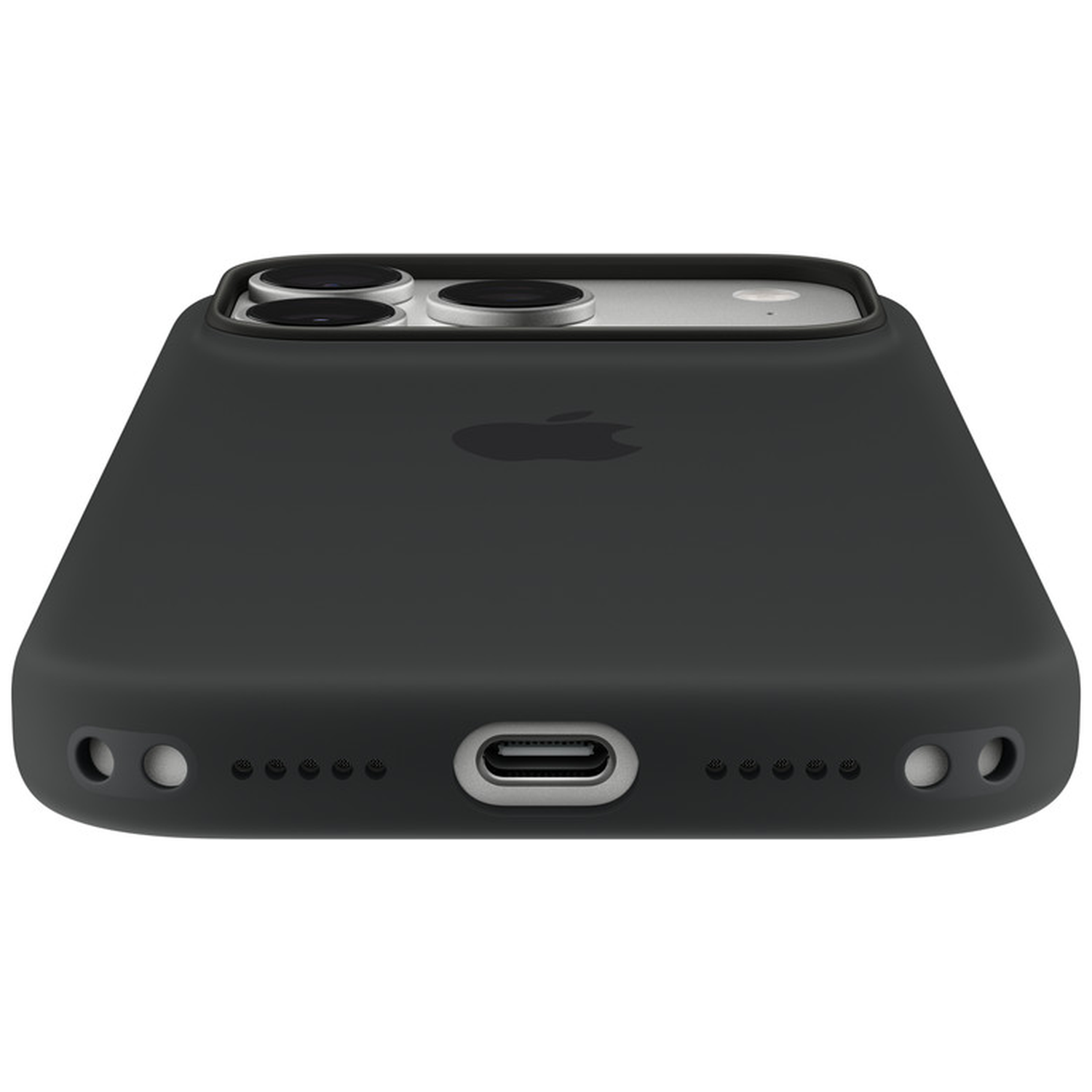 Une coque noire sur un iPhone, montrant le port de charge, les haut-parleurs et le logo Apple sur fond blanc.