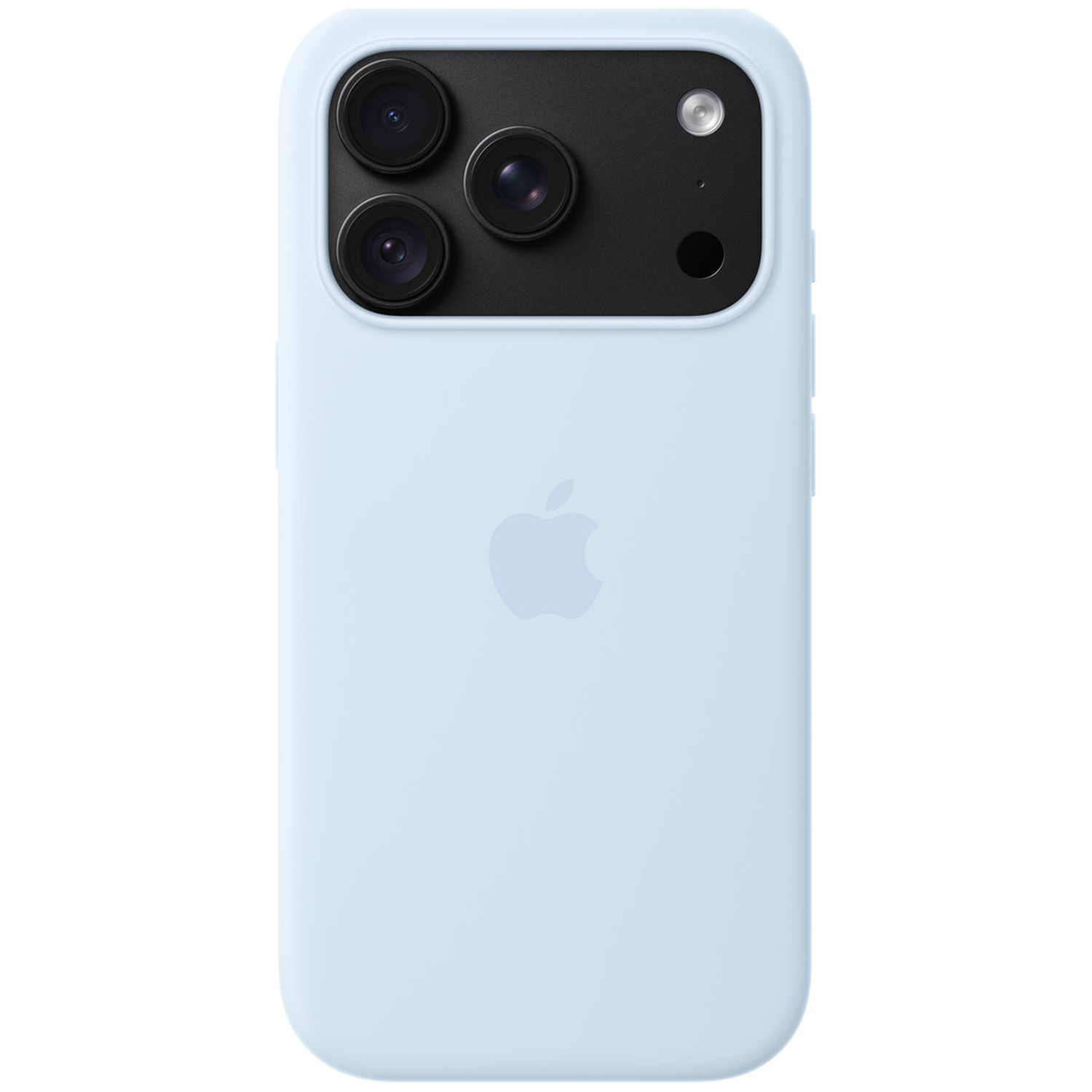 iPhone bleu clair avec triple appareil photo et logo Apple.