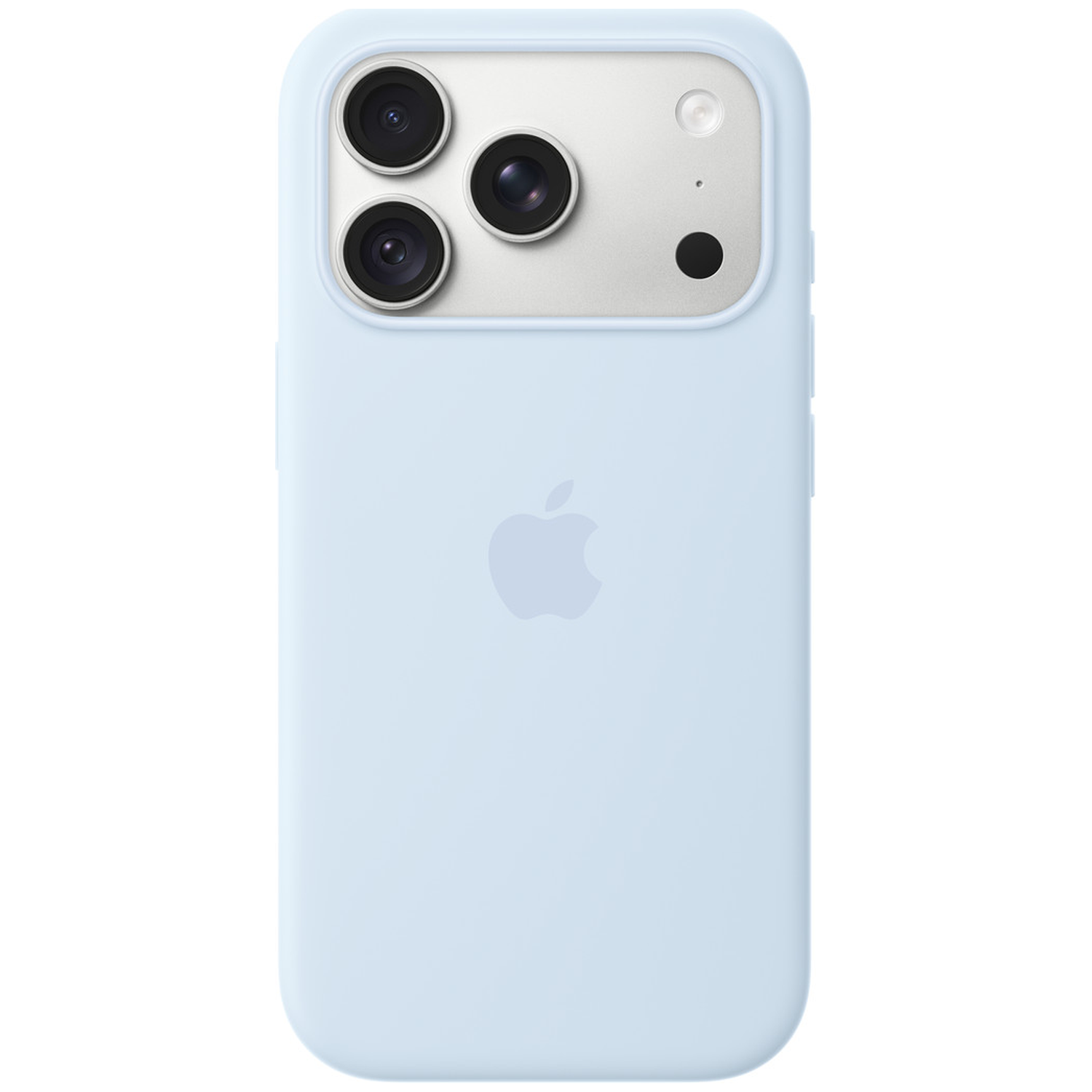 Coque de smartphonebleu clair avec logo Apple et triple caméra sur module argenté.