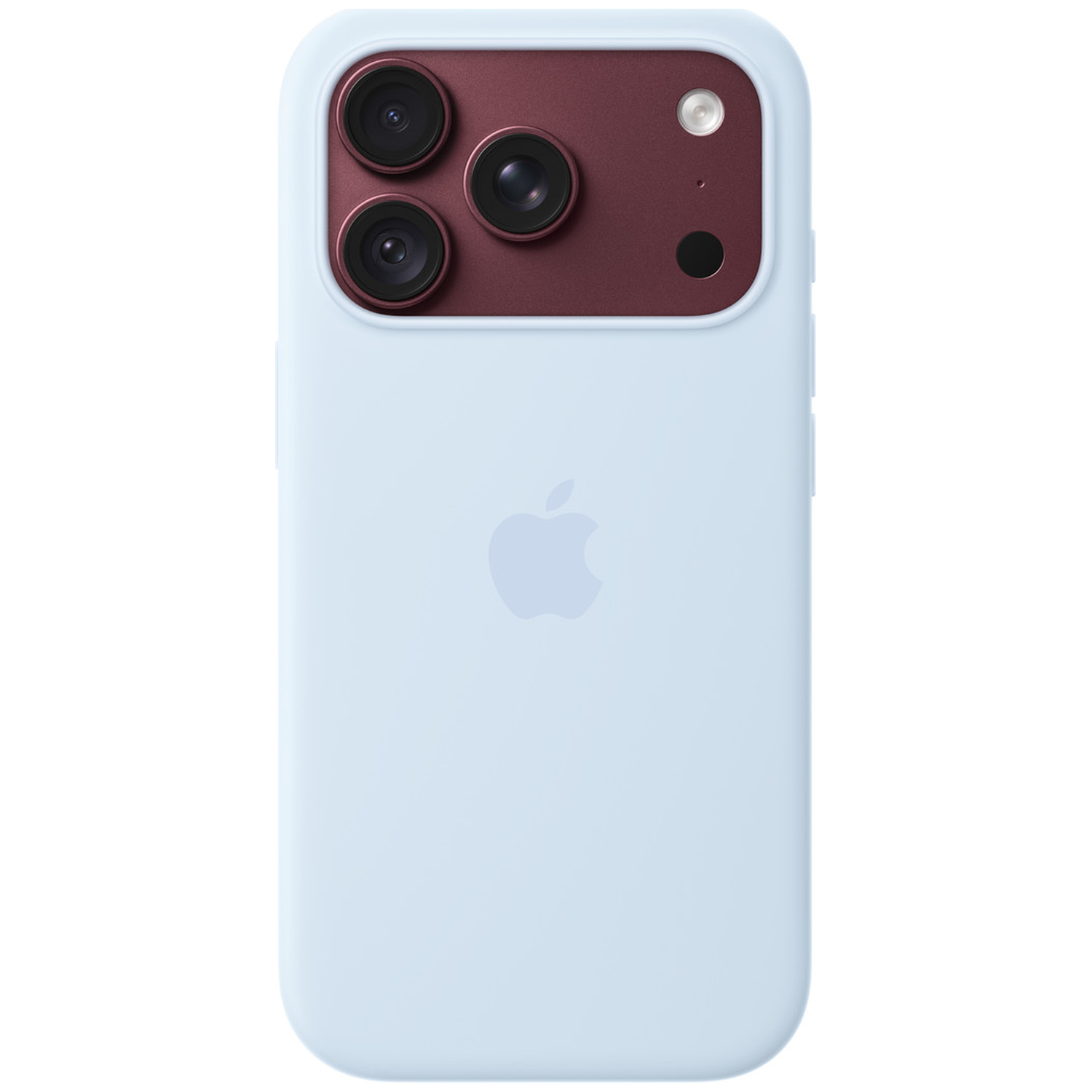 Dos d'un smartphone bleu clair dans une coque, avec un module photo sombre en haut et le logo Apple au centre.