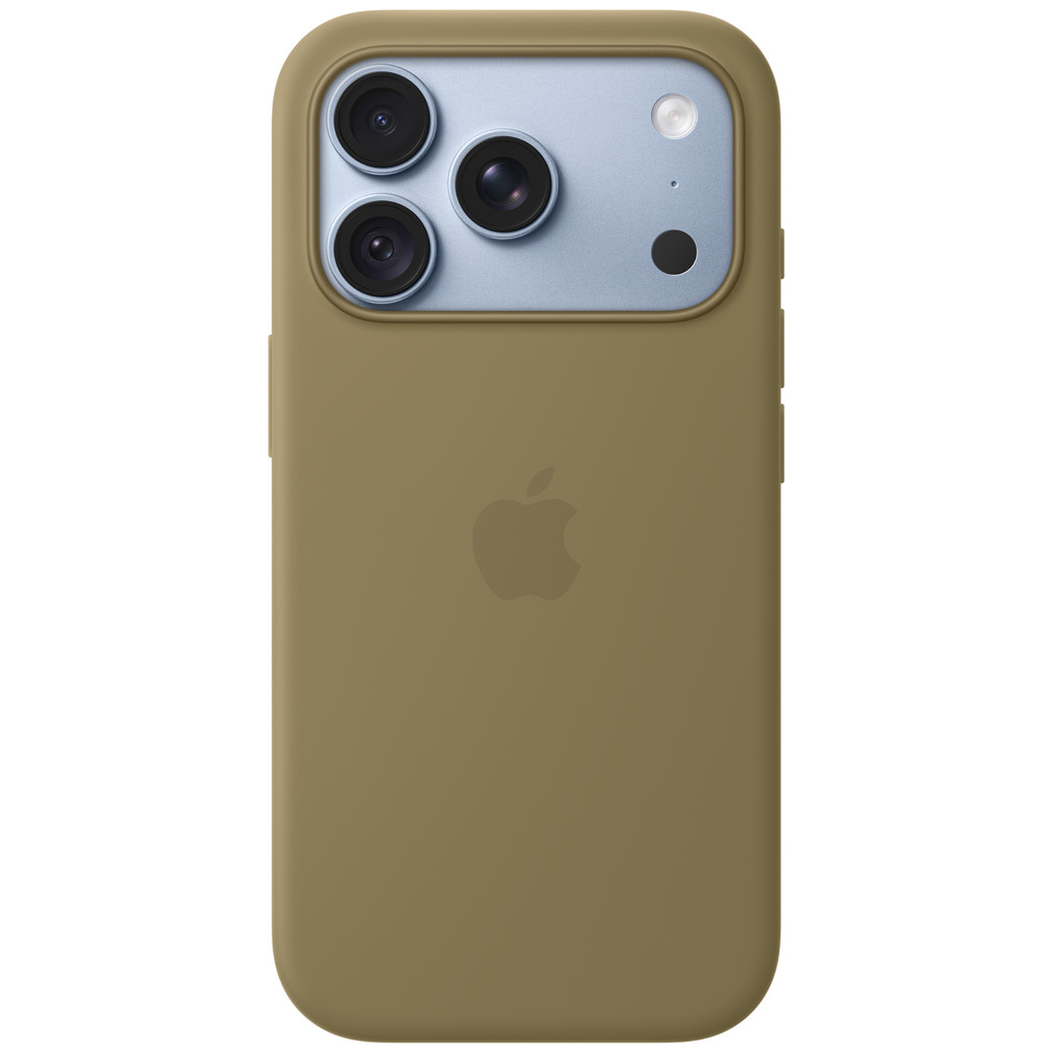 Coque d'iPhone vert olive avec trois caméras arrière et un îlot de caméra bleu clair sur fond blanc.