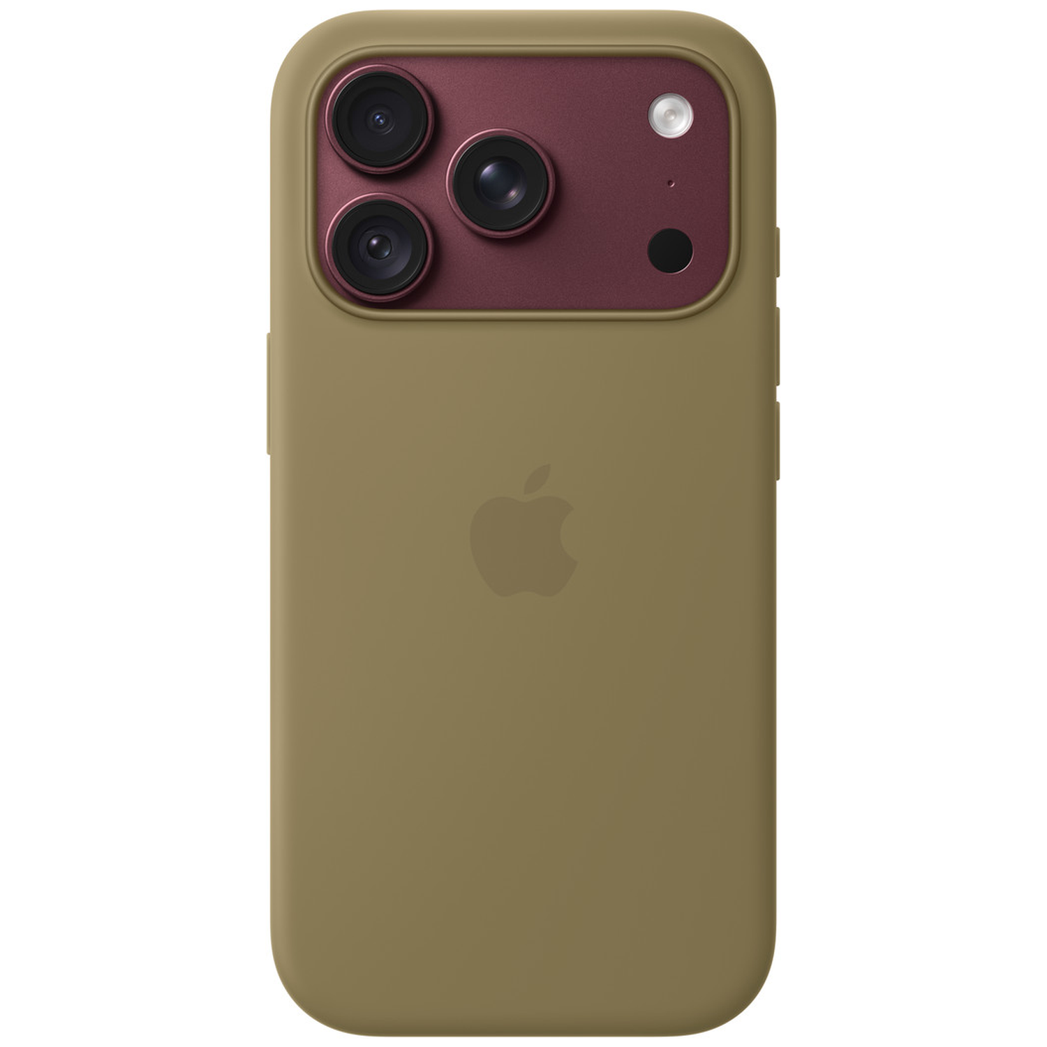 Dos d'un smartphone beige avec un module photo bordeaux, trois objectifs et le logo Apple.