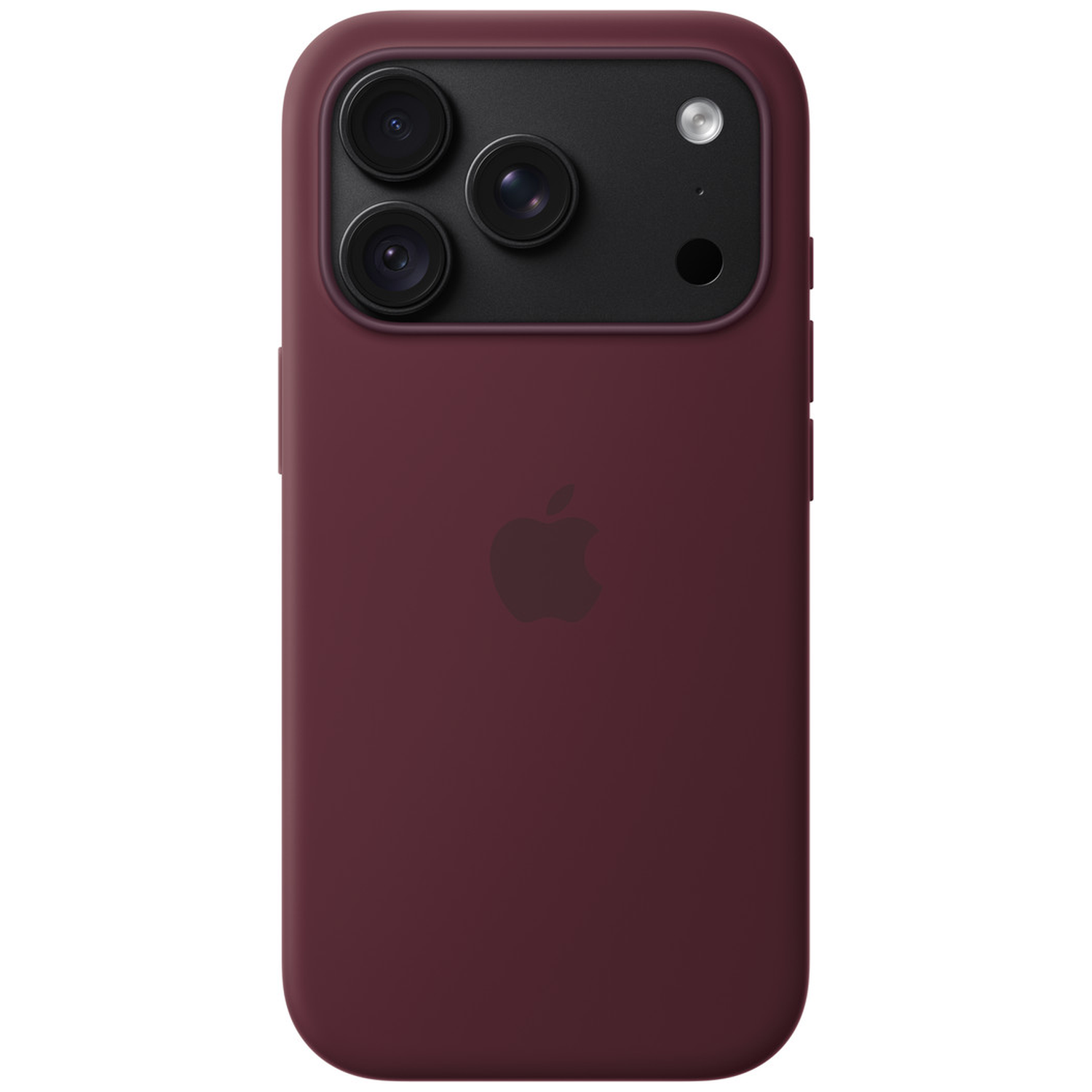 Dos d'un iPhone rouge foncé dans une coque de protection avec trois caméras et le logo Apple.