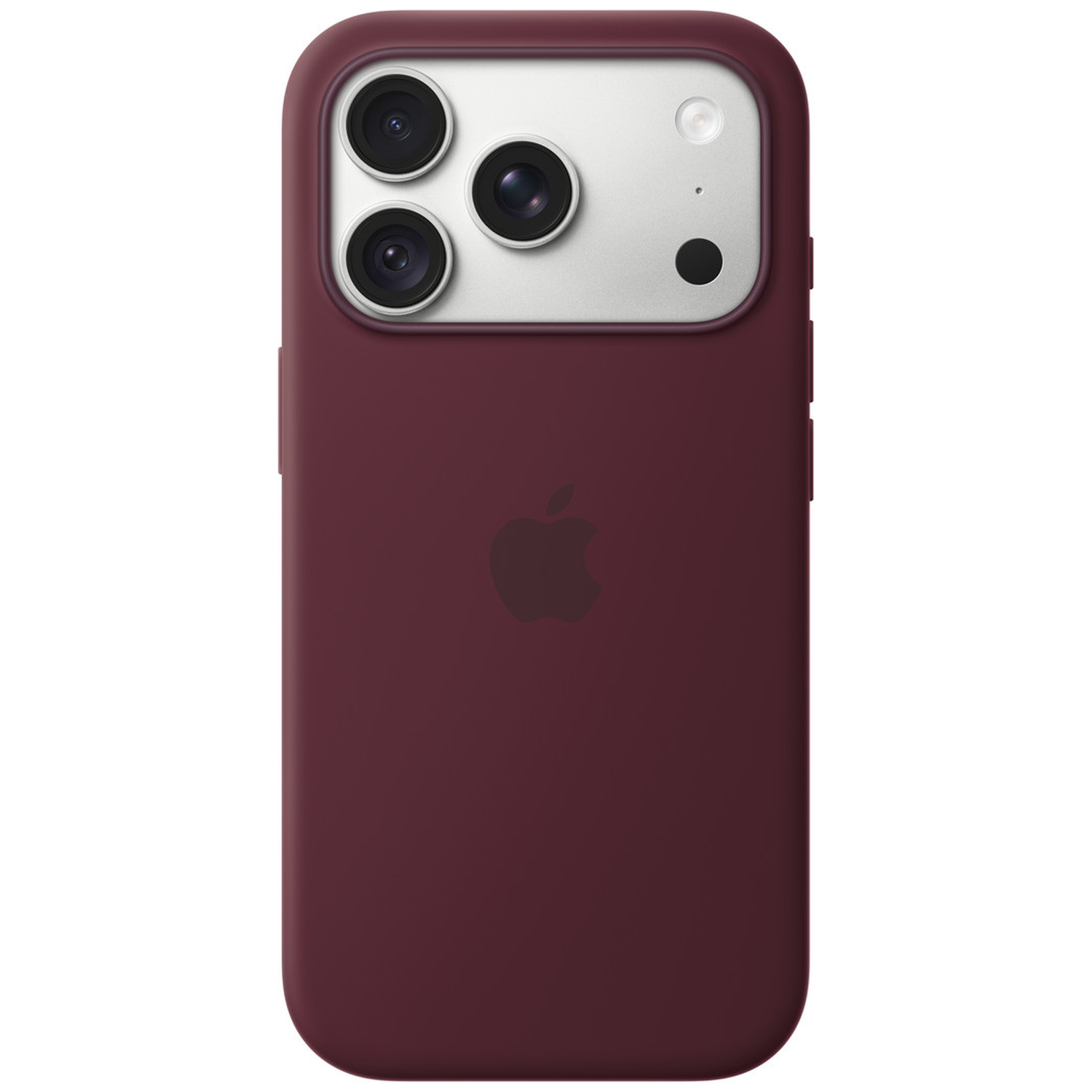 Dos d'un smartphone rouge avec coque de protection, trois caméras en haut à gauche et logo Apple.