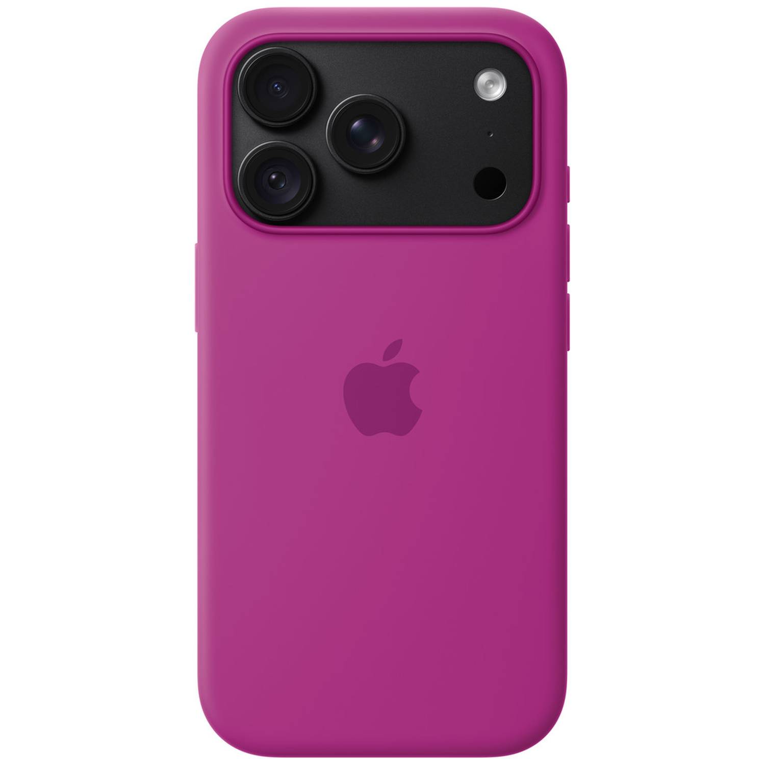 Dos d'une coque de téléphone rose avec triple appareil photo et logo Apple.