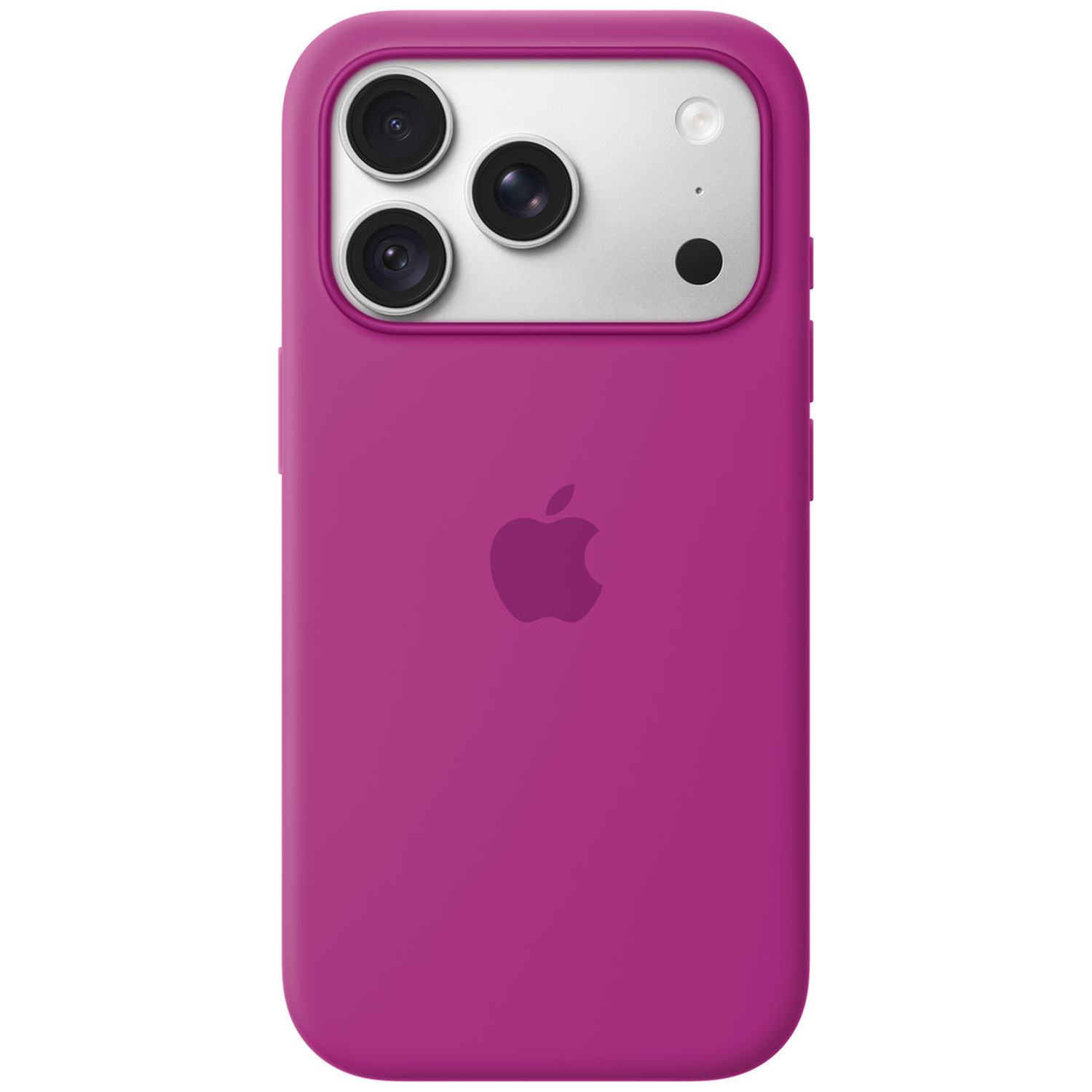 Arrière d'une coque de smartphone rose avec un bloc photo argenté et le logo Apple.