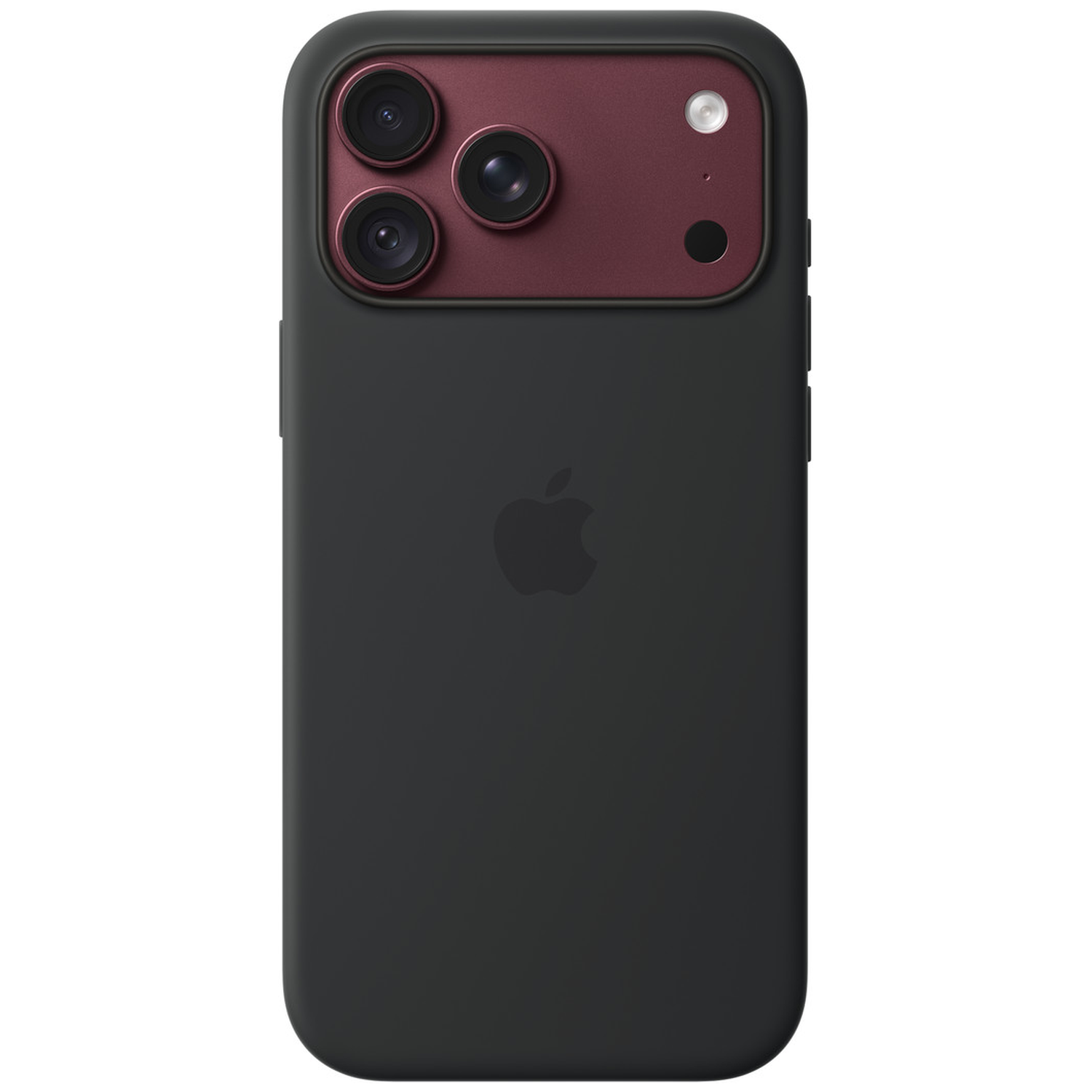 Dos d'un iPhone noir avec un module photo rouge foncé et le logo Apple.
