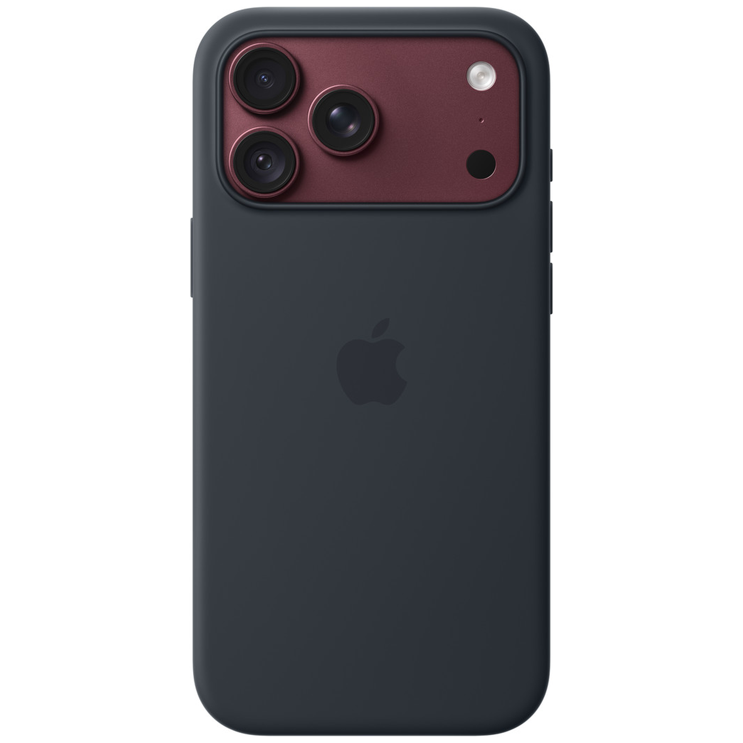 Smartphone sombre avec triple caméra dans un module rouge et logo Apple au dos.