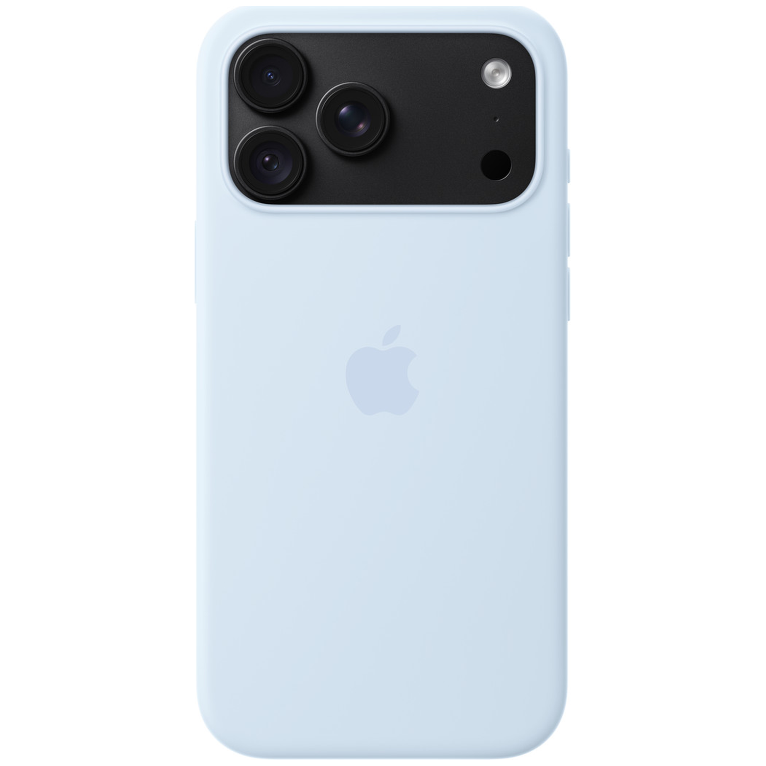 Dos de smartphone bleu clair avec un module photo noir, trois objectifs, un flash et le logo Apple.