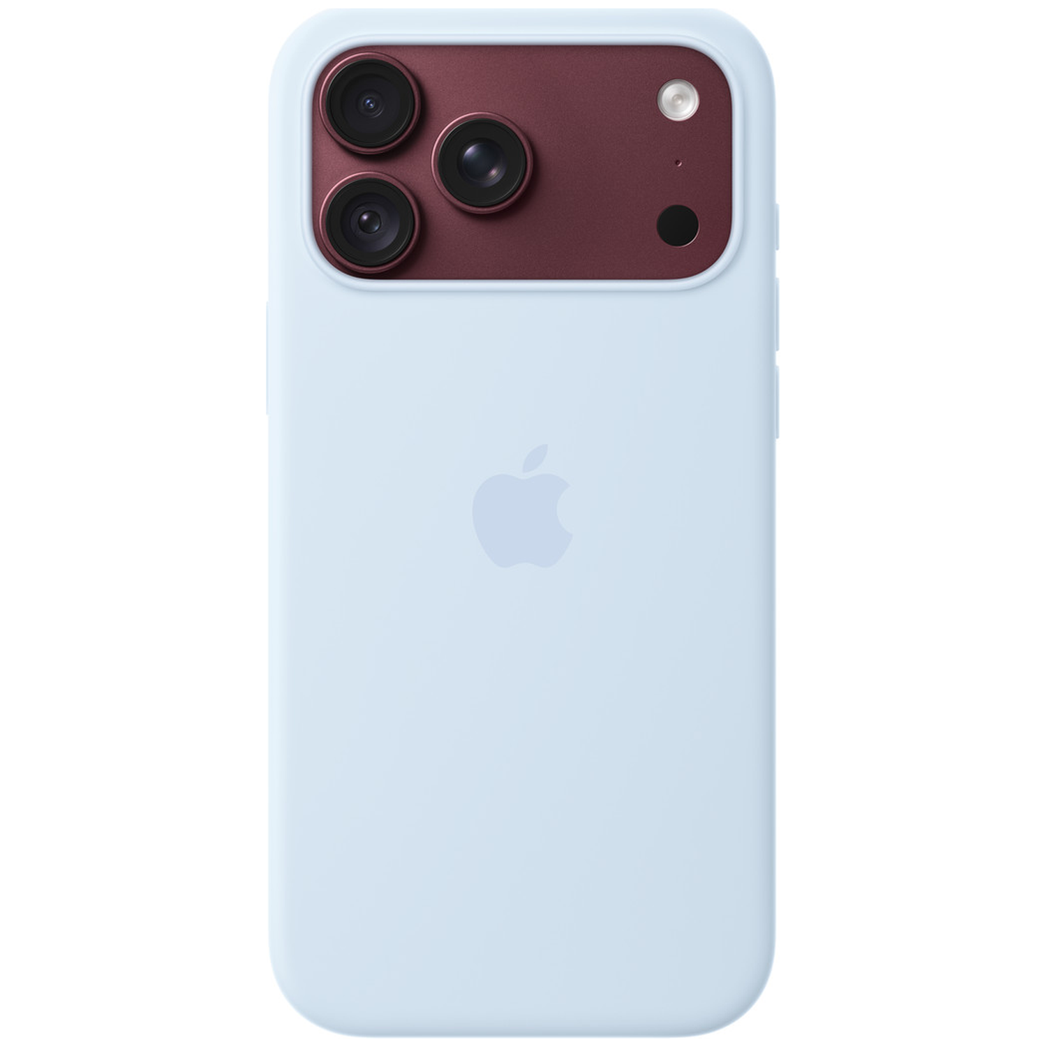 Dos d'un iPhone bleu clair avec trois caméras dans un module rouge et le logo Apple.