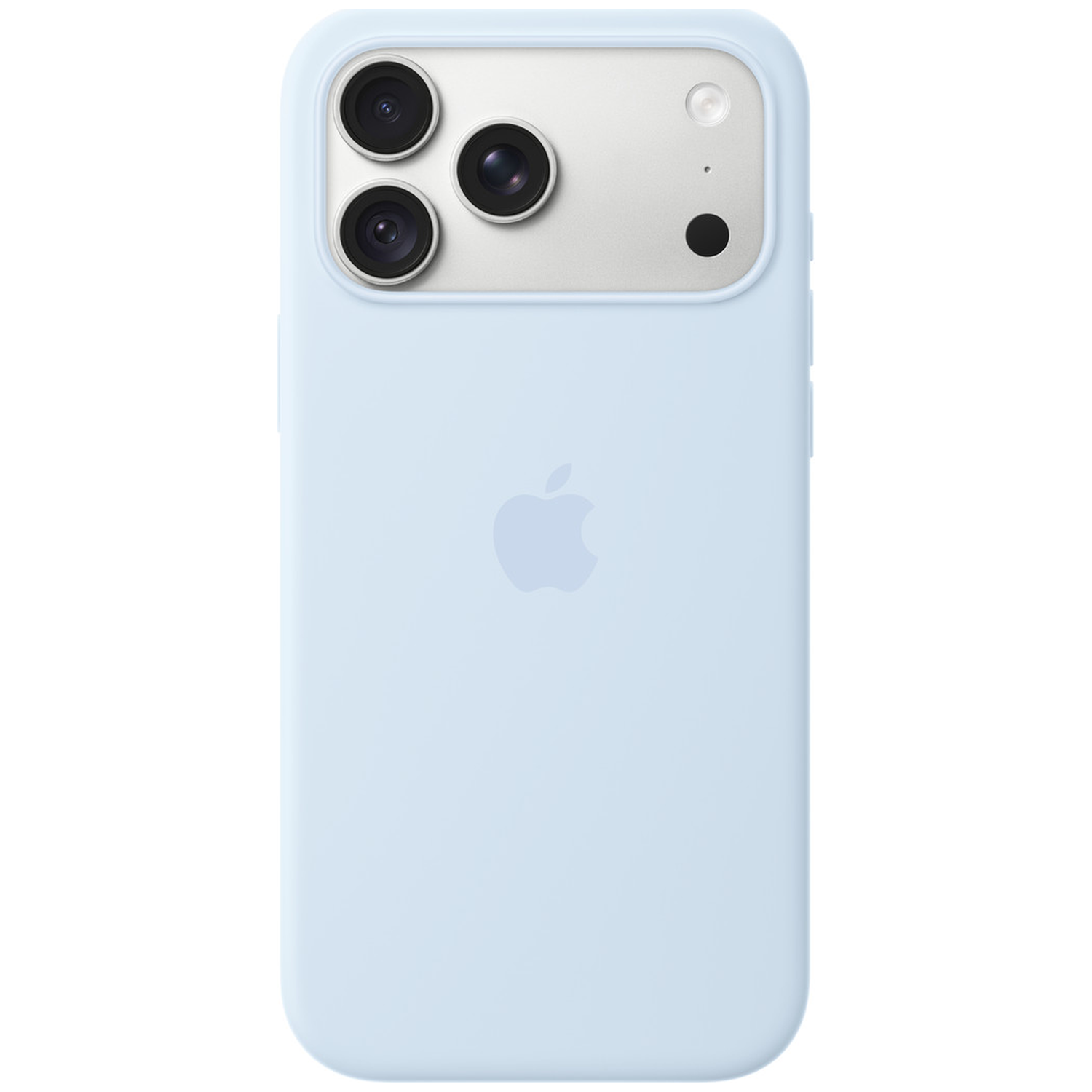 iPhone bleu clair avec triple appareil photo et logo Apple à l'arrière.
