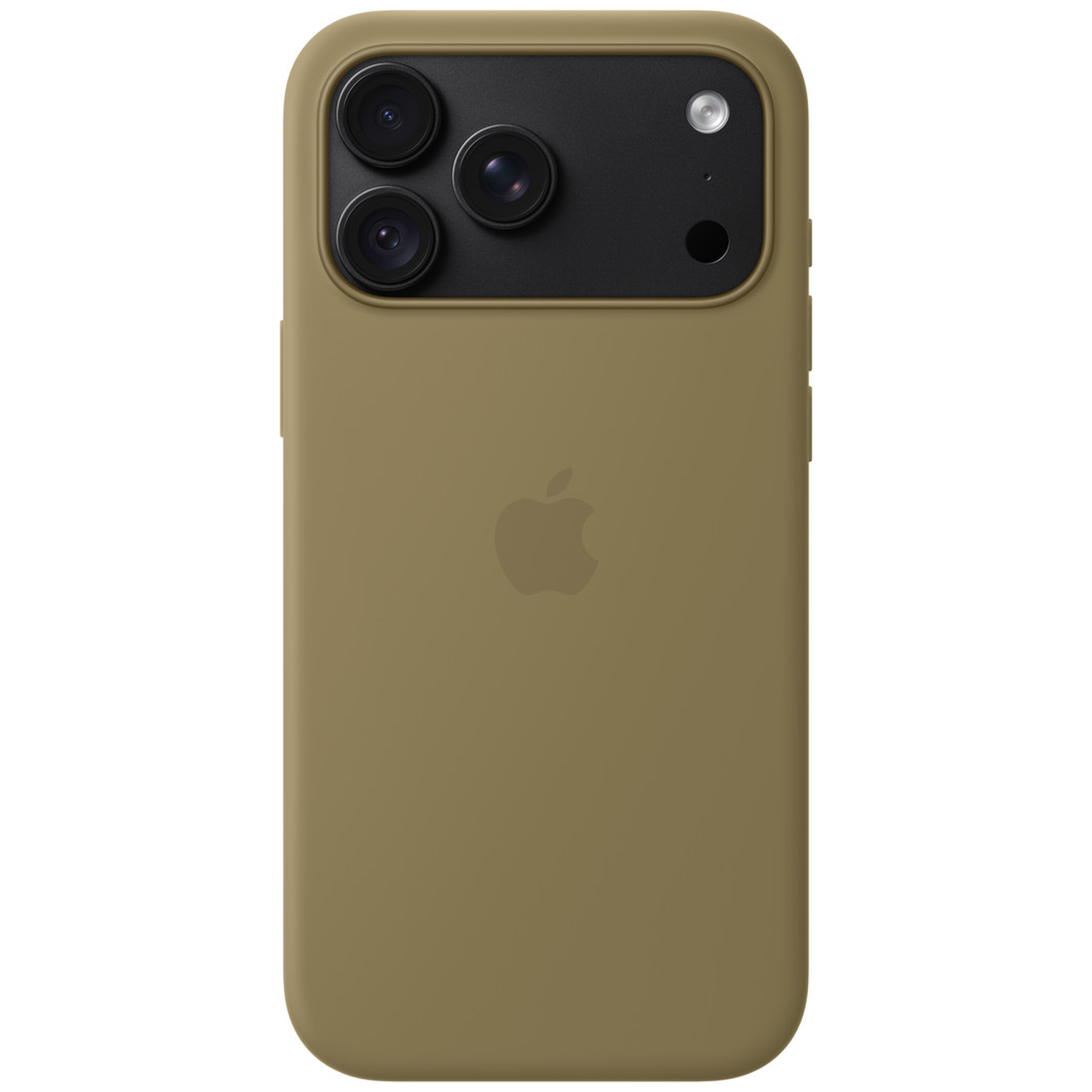 Smartphone vert olive dans une coque avec trois caméras arrière et un logo Apple.