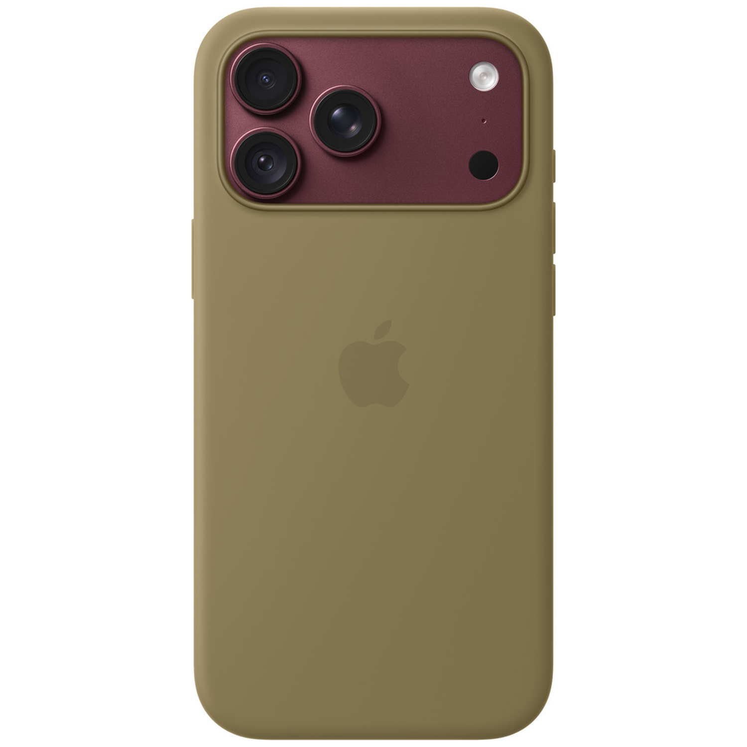 Smartphone vert olive dans une coque avec module photo bordeaux contrasté et trois objectifs.