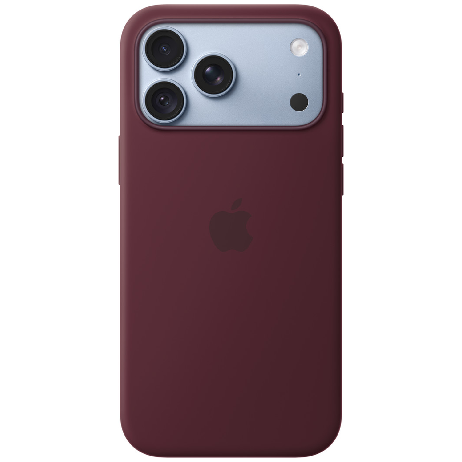 Dos d'un iPhone bordeaux avec triple appareil photo et logo Apple.
