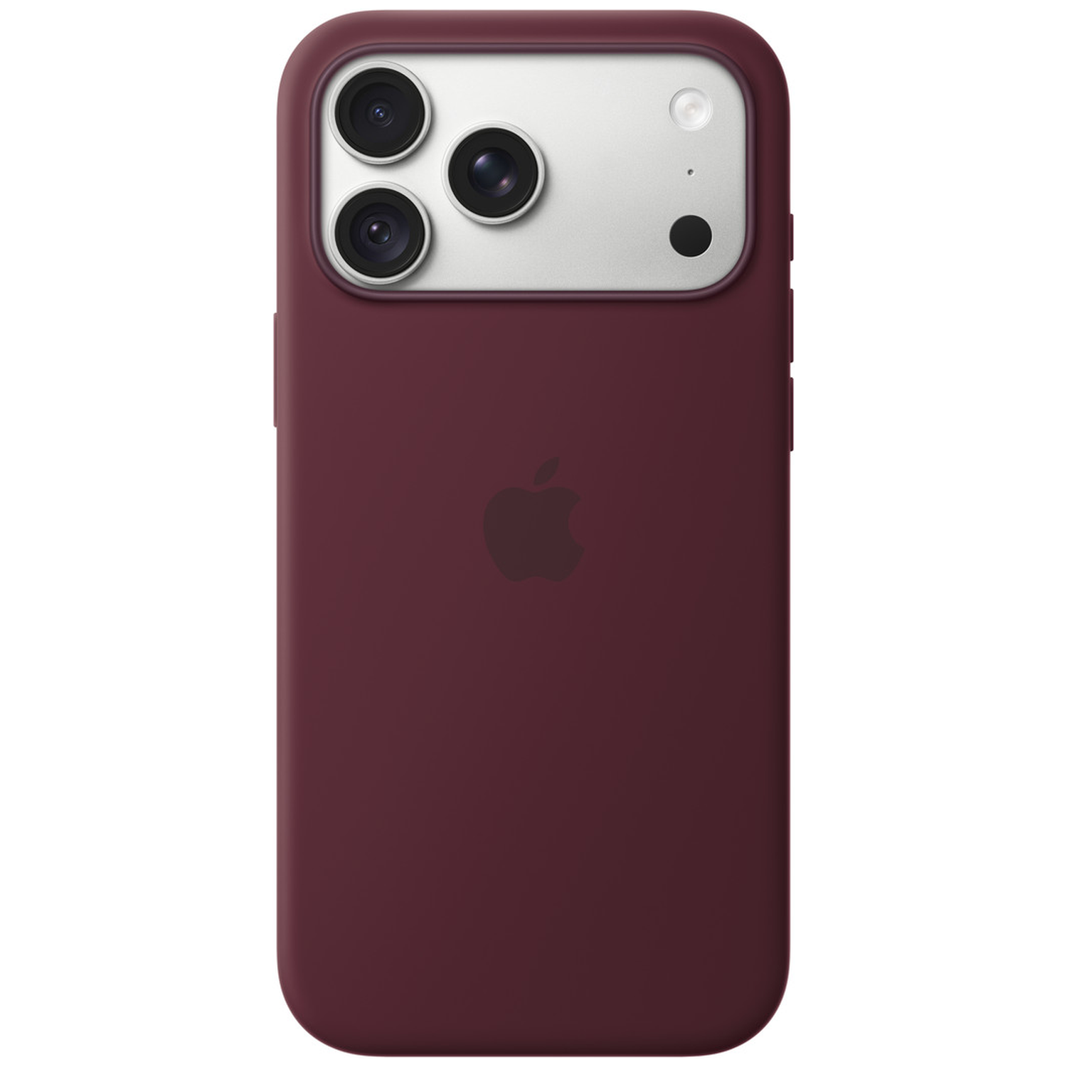 Coque de smartphone bordeaux avec module photo argenté comprenant trois objectifs et flash sur fond blanc.