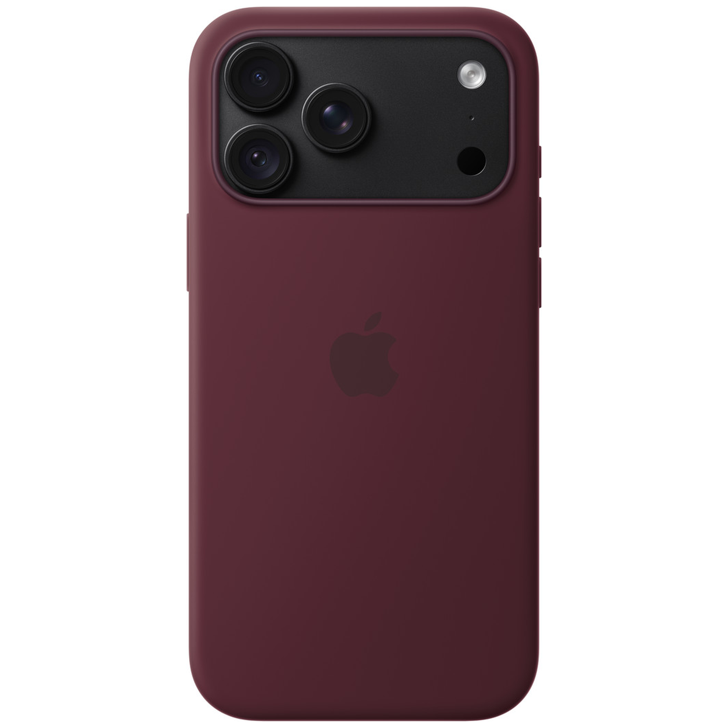 Vue arrière d'un smartphone violet foncé avec un triple appareil photo sur module noir et logo Apple.
