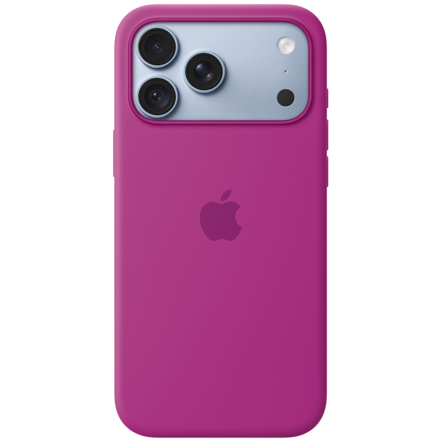 Dos d'un smartphone rose dans une coque avec trois caméras et le logo Apple.