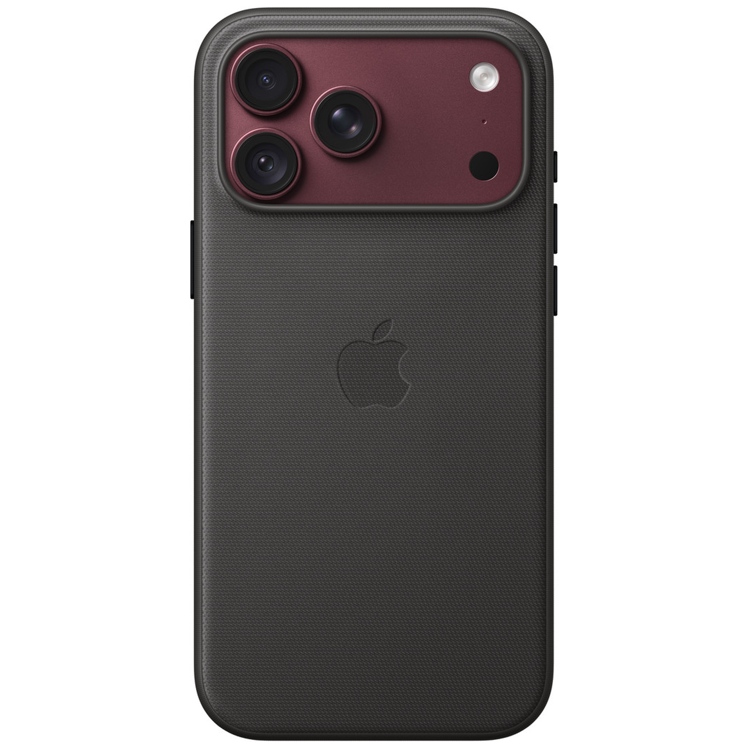 Smartphone sombre avec étui, module photo bordeaux et logo Apple au dos.