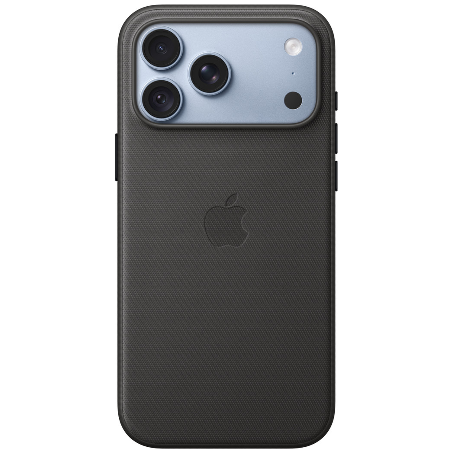 Dos d'un iPhone noir dans une coque de protection, avec un module photo bleu clair et le logo Apple.